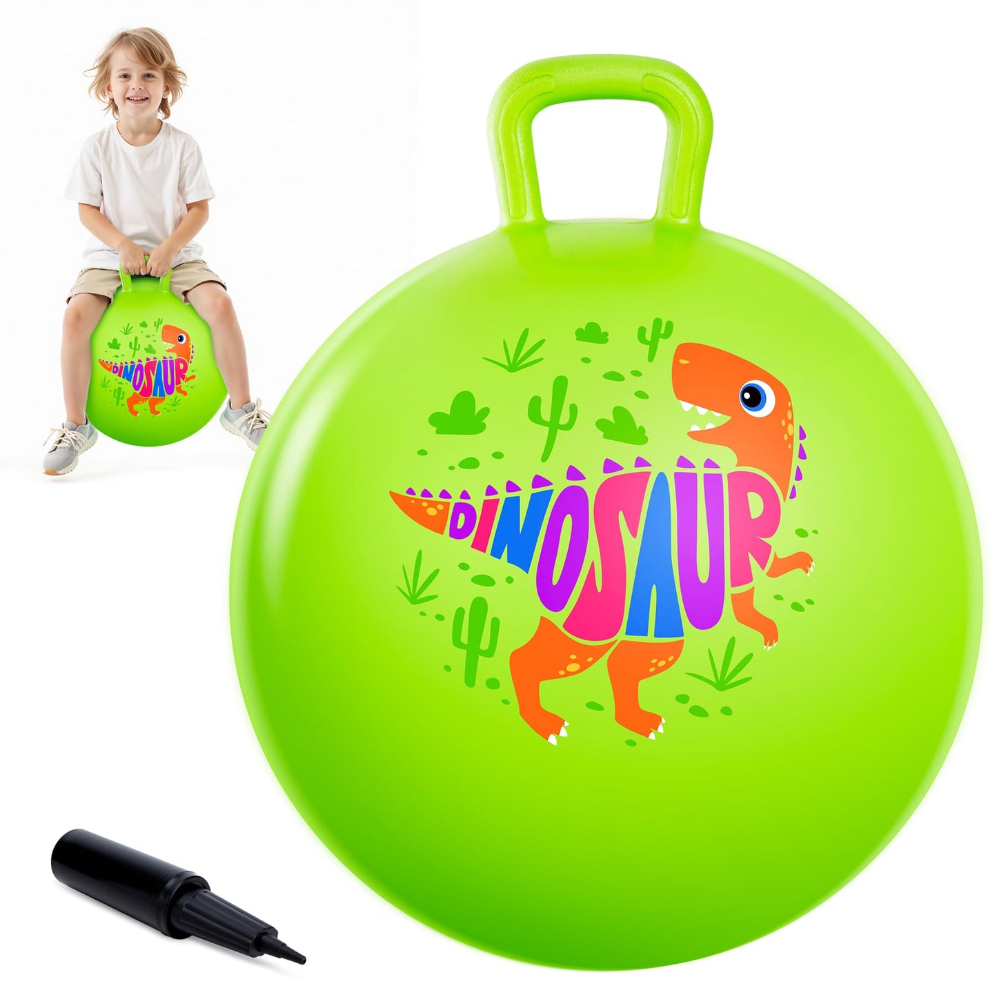ZOOJOY Hopper Ball for Kids, 18In Bouncy Ball with Handle, Inflatable Green Dinosaur Boys Toys with Pump, Indoor Outdoor Hopping Gifts for Boys Girls 3 4 5 6 7 8
