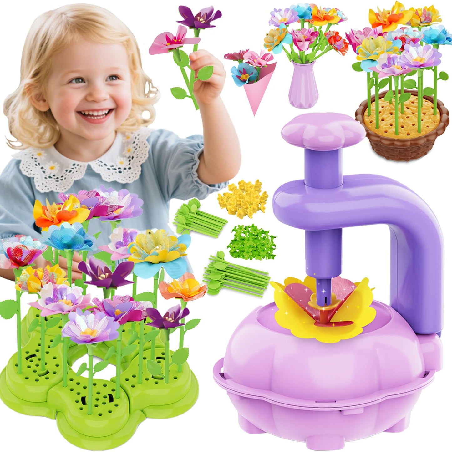 FUNZBO Girls Toys - Flower Bouquet Craft Kits, DIY Arts and Crafts for Kids 4-6-8, Flowers Making Toys for Kid Toddler, Birthday Gifts for 3 4 5 6 7 8 9 10 11 12 Year Old Girl