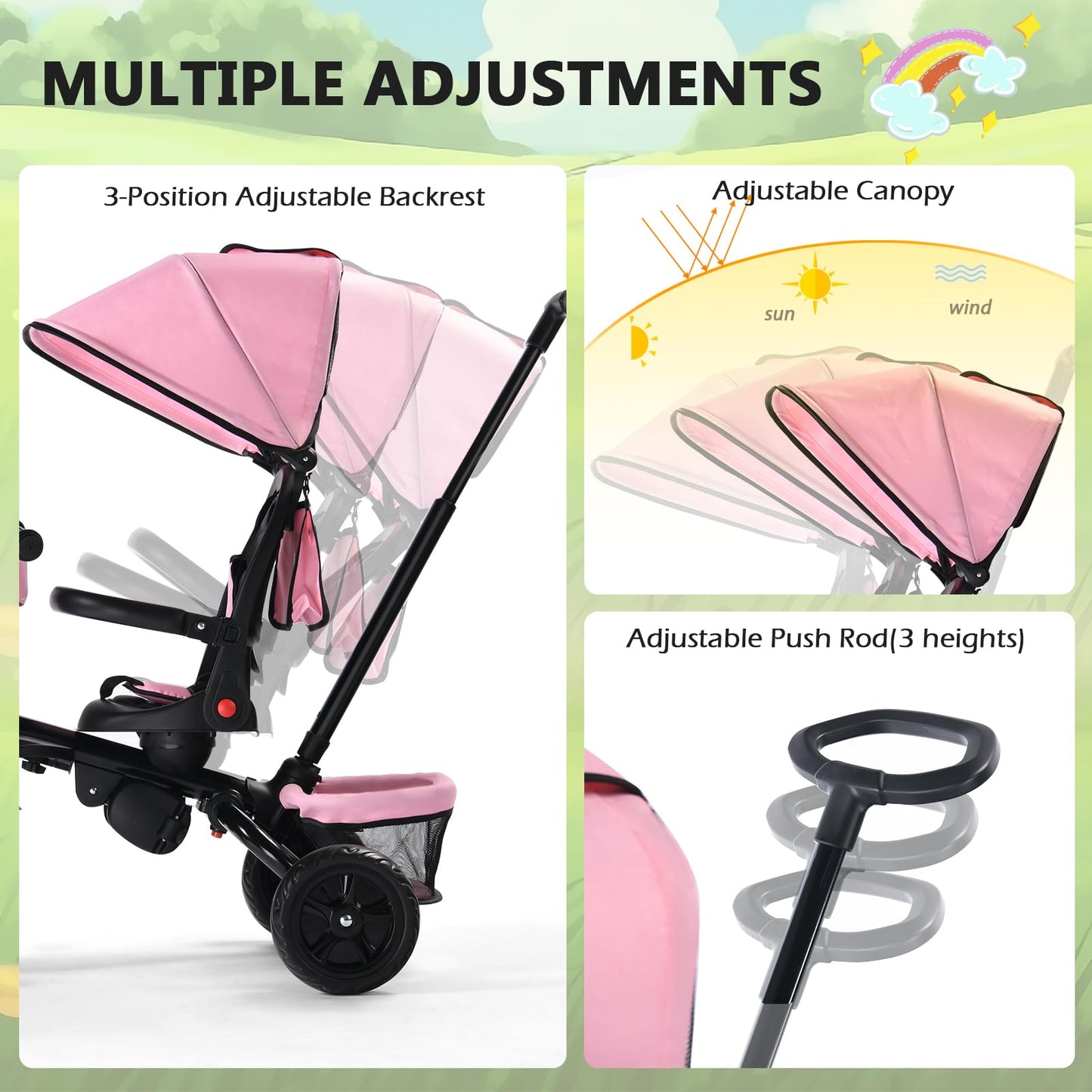 Kinder King Kids Tricycle, 7 in 1 Folding Toddler Trike w/Adjustable Push Handle, Rotatable Seat, Adjustable Canopy, Safety Harness, Storage, Toddler Bike for Age 6 Months+,Pink