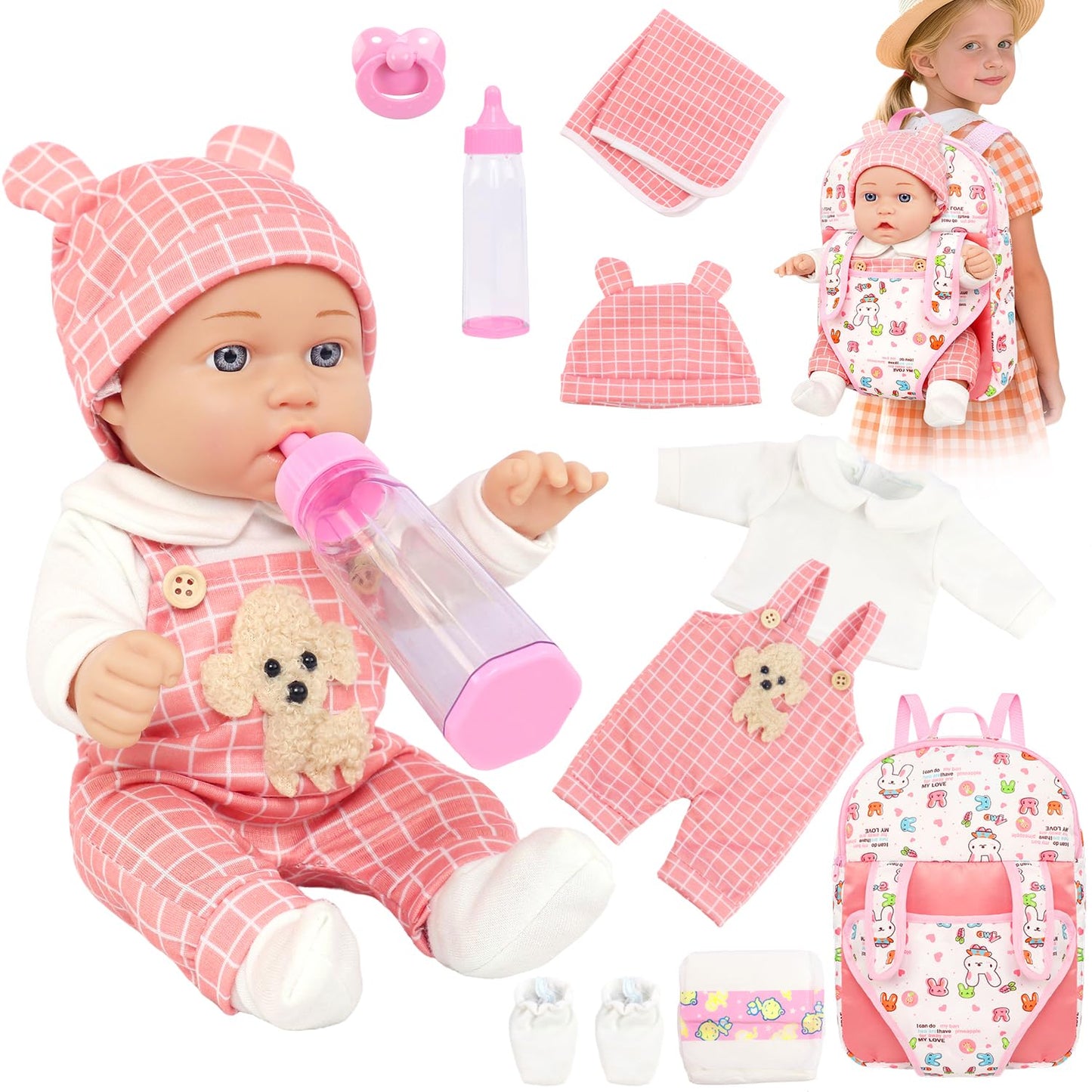 UNICORN ELEMENT 12" Baby Dolls with Backpack Carrier,12 Inch Baby Doll Accessories Cute Hat Pacifier Bottle Diaper Doll Playset for 3+ Year Old Kids