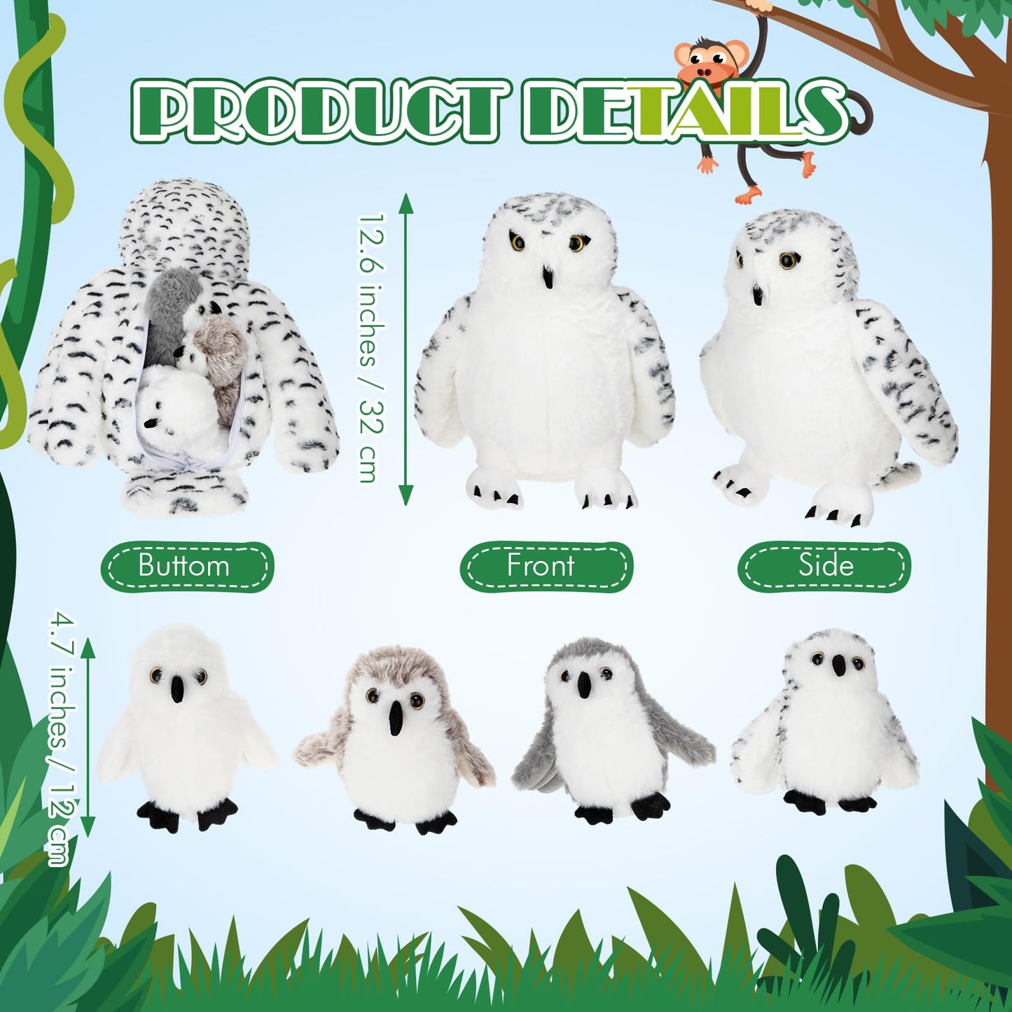 Hollowfly 5 Pcs Snowy Owls Plush Toy Gift Set 12.6" Mom Owls with 4 Cute Babies Stuffed Animal in Zippered Back Nurturing Plushes Toy Set for Kid Adults Birthday Party Favors Gifts