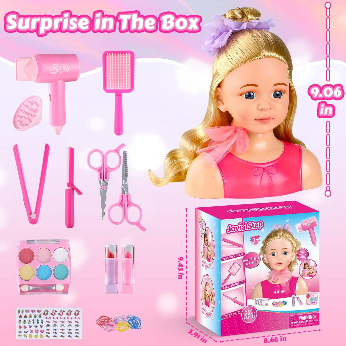 JovialStep Doll Head Hair Styling Kit for Girls Toys, Makeup Doll Head for Girl, Pretend Play Hair Salon Toy Birthday Gift for 3-8 Year Old Girls