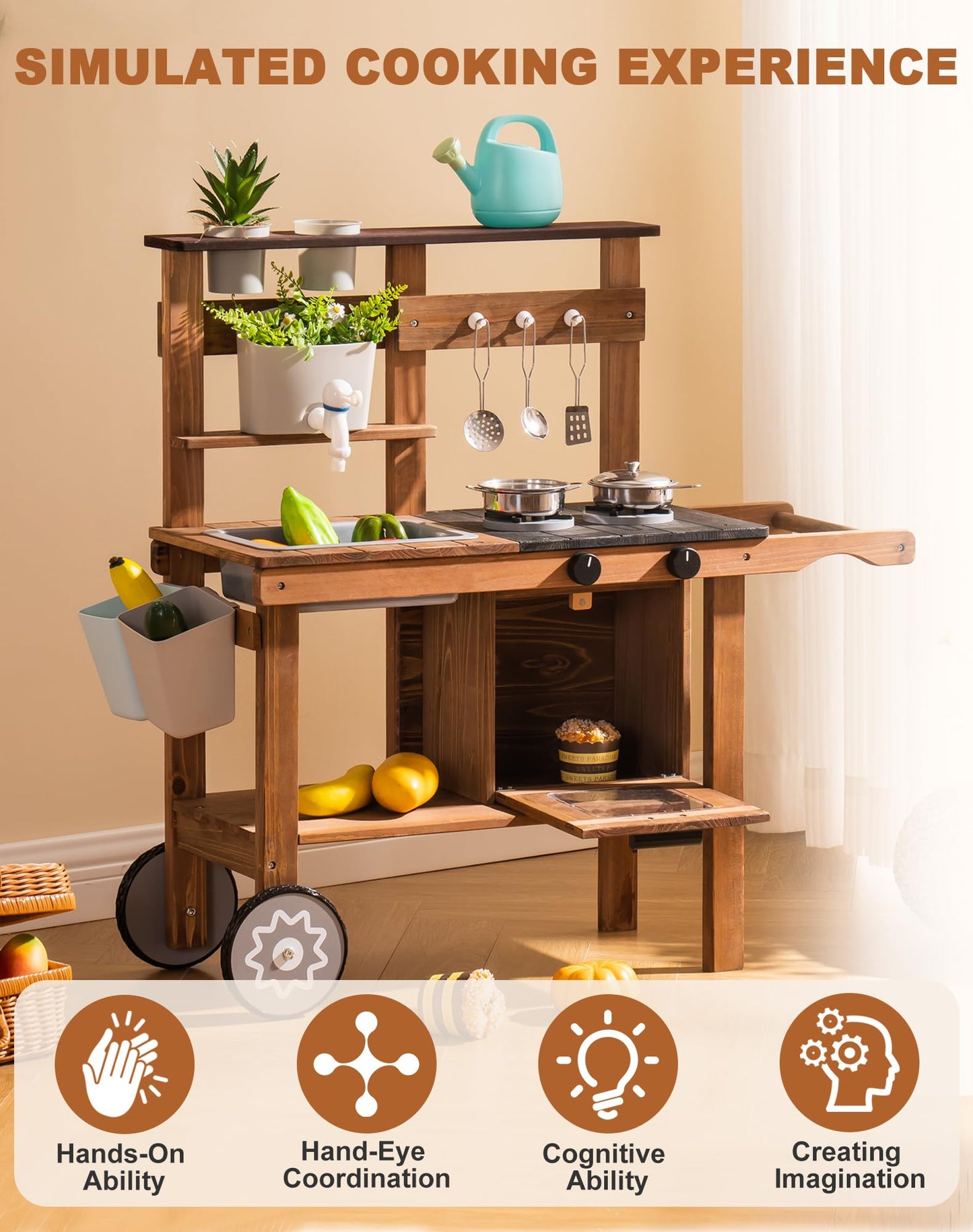 ROBUD Mud Kitchen for Kids Outdoor with Wheels, Wooden Outdoor Play Kitchen, Kids Mud Kitchen with Removable Sink & Faucet, Monteeori Toys for Children Ages 3+ Years, WG403