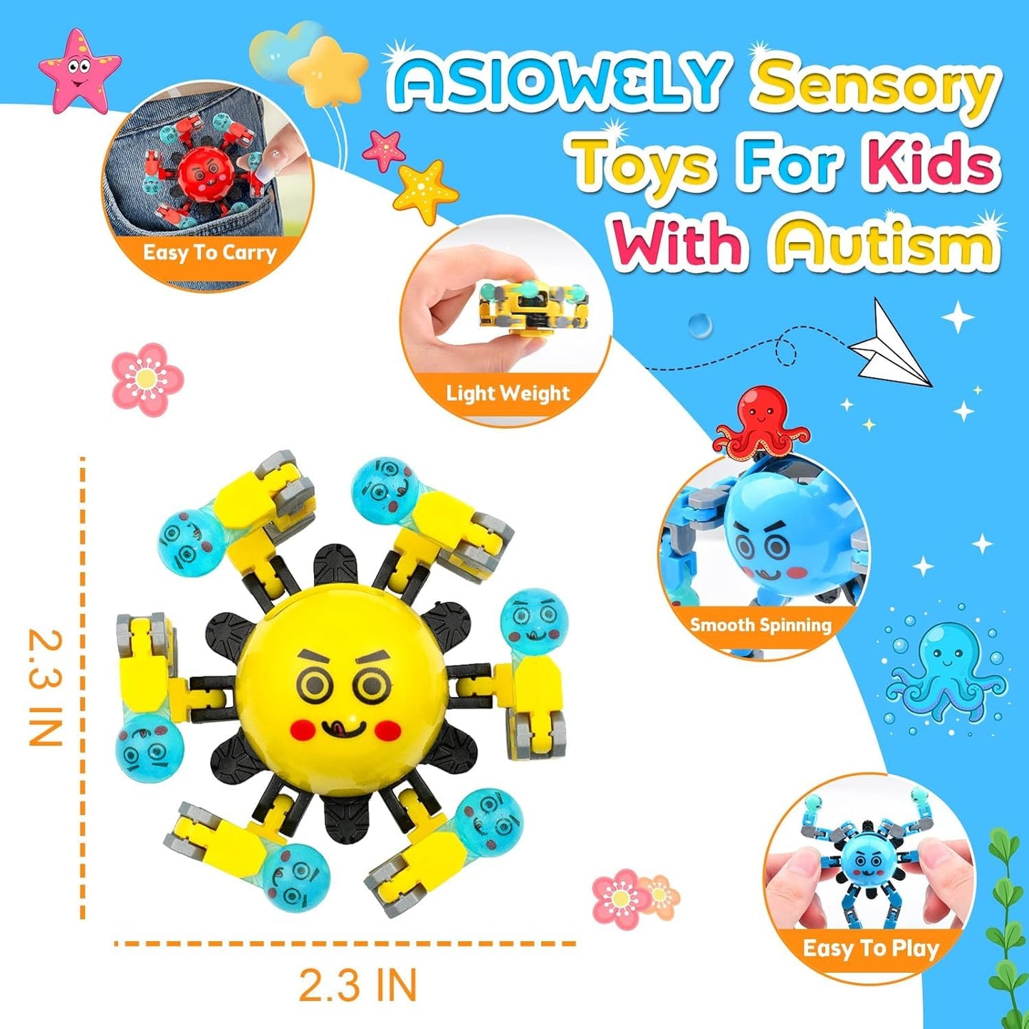 ASIOWELY Transformable Fidget Spinner Toys for Kids and Adults,10 Pcs Sensory Toy for Boys Girl ADHD Stress Relief Toys,Fingertip Gyros Travel Toy Party favors for Teens Birthdays Gifts Easter Present