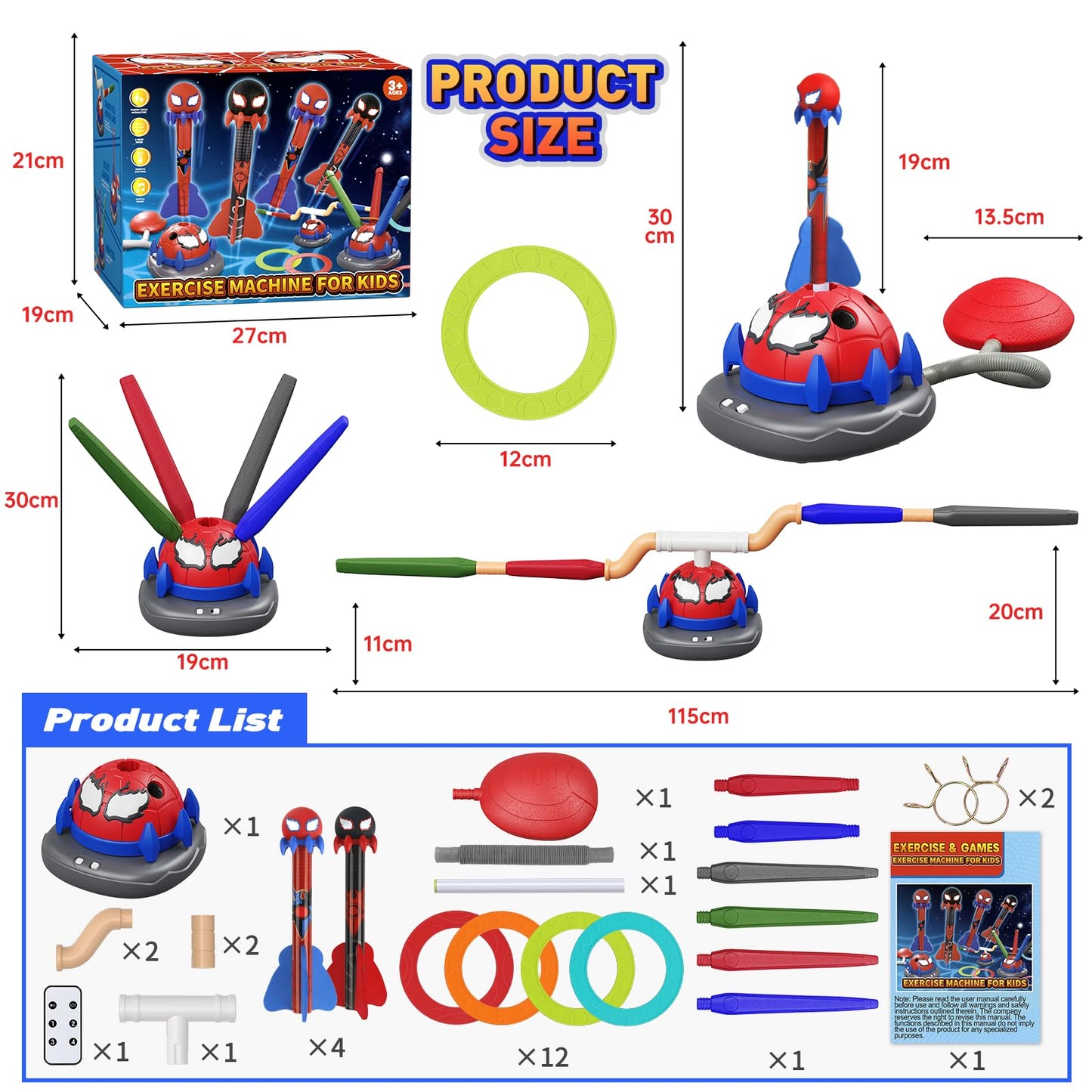 Spider 3-in-1 Rocket Launcher for Kids: 4 Cool Spider Rockets, Ring Toss Game, Musical Jump Toys with Remote Control, Outside Yard Indoor Outdoor Sports Toys for Boys Girls 3 4 5 6 7 8 9 10 Year Old