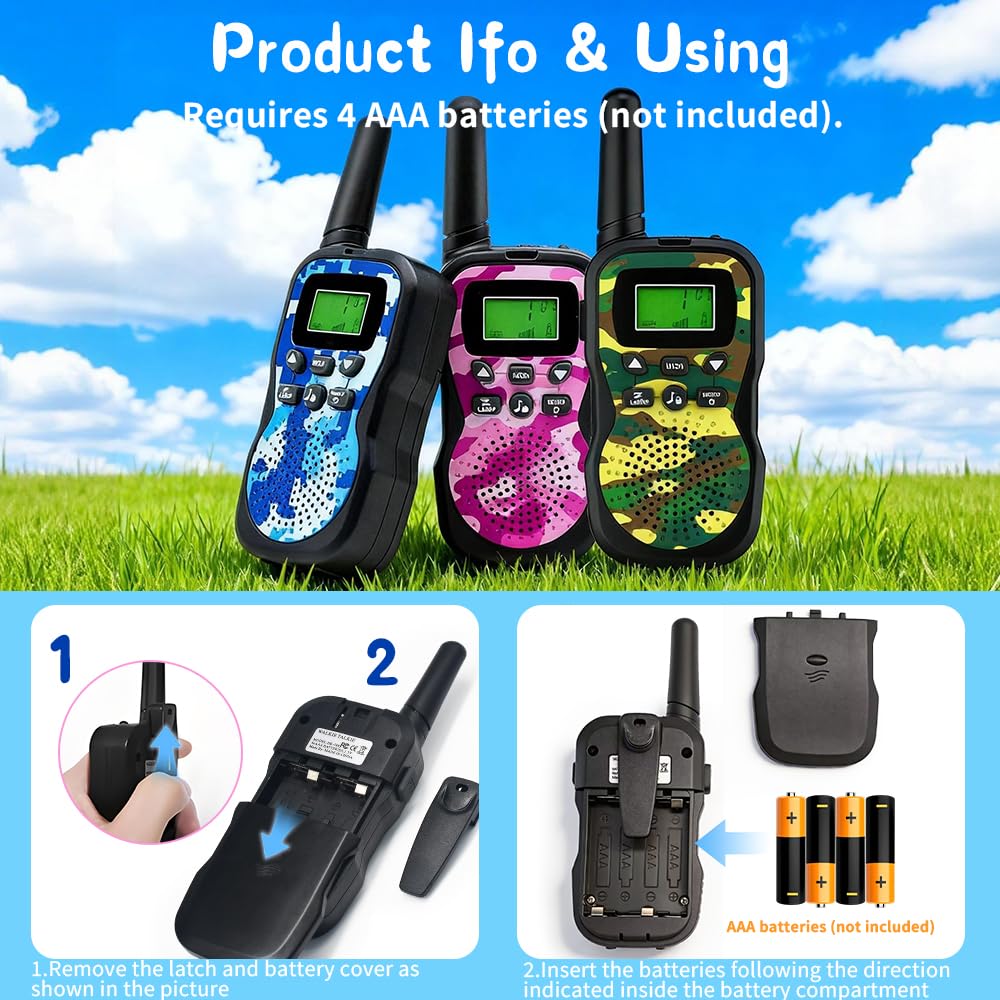 Huaker Kids Walkie Talkies,3 Pack 22 Channels 2 Way Radio Toy with Flashlight and LCD Screen,3KM Range Walkie Talkies for Kids Outside Adventures, Camping, Hiking