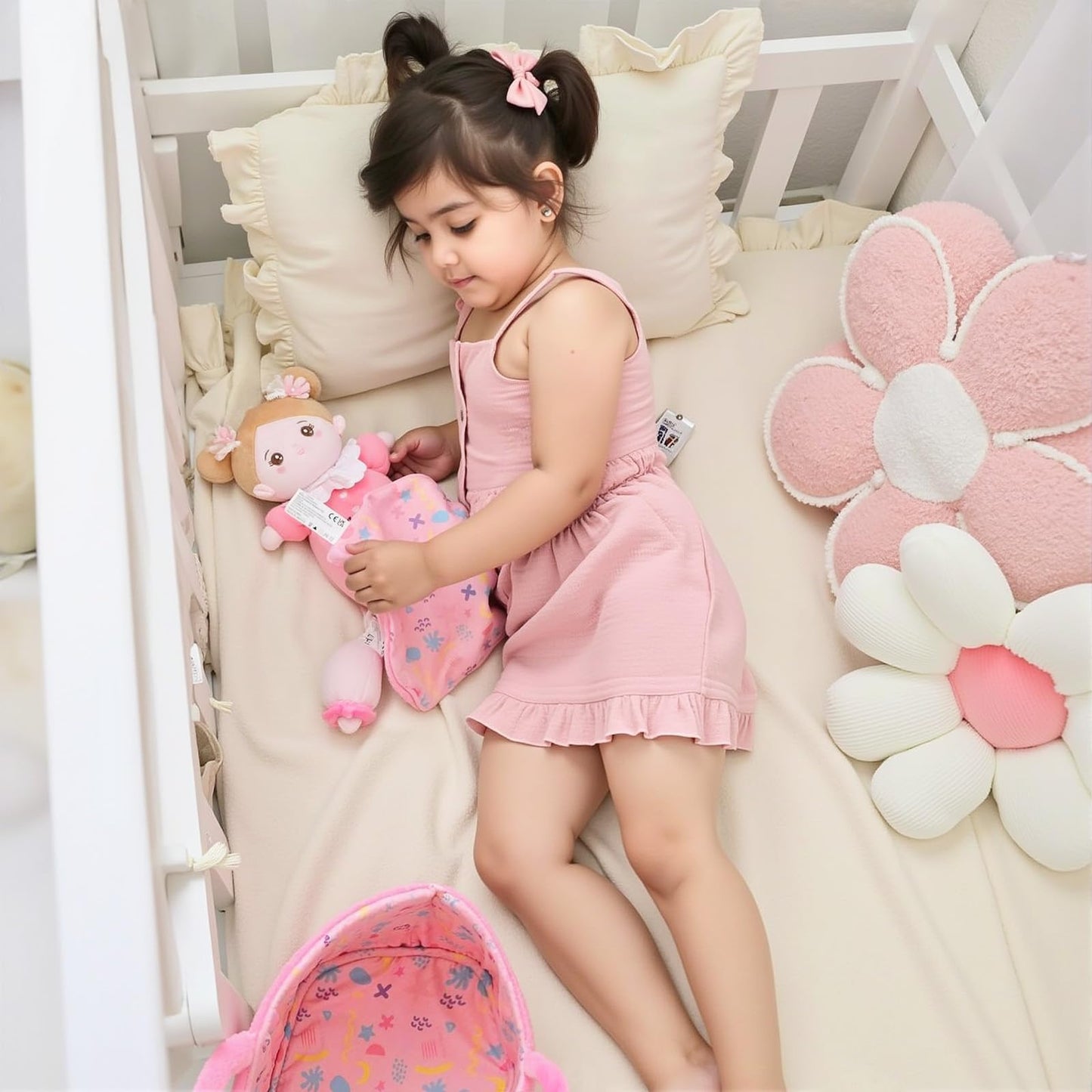 OUOZZZ 10" Soft Baby Doll Accessories with Plush Doll, Bassinet, Blanket and Bottle, Toys for 2 Year Olds Girls Birthday Gift, Interactive Pretend Playset for Preschool Gametime Pink