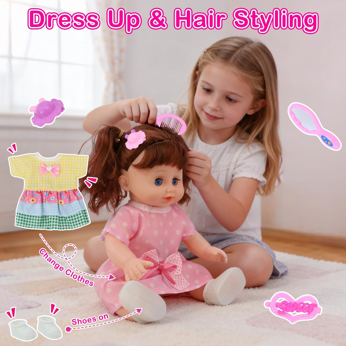 Learn2M Baby Doll Stroller Toy Set with Open & Close Eyes Interactive Doll (4 Sounds), Foldable Doll Stroller with Feeding Tray & Diaper Bag, 21 Pcs Accessories Pretend Play Toy for Toddlers 3-5