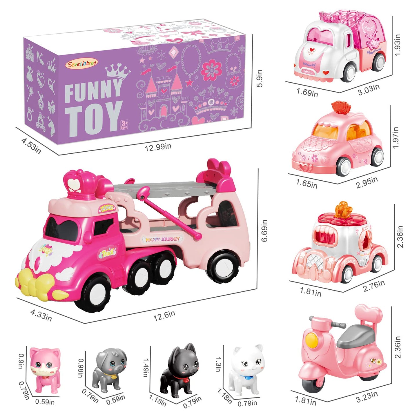 Seveclotree 9 in 1 Carrier Truck Cars Toys - Pink Princess Girl Car with Light and Sound - Toddler Toys Age 1-4
