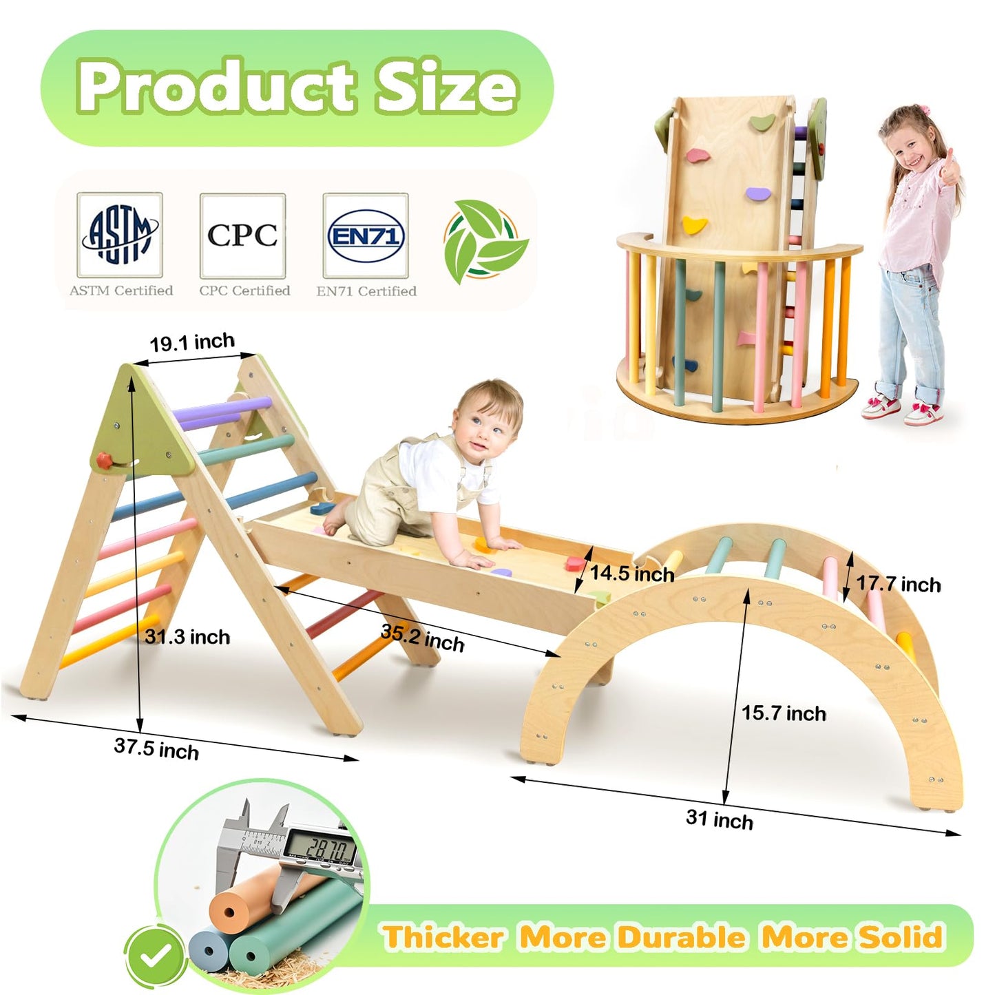 aiwo 7-in-1 Pikler Triangle Set Toddler Climbing Toys Indoor, Montessori Baby Climbing Gym, Climbing Set for Toddlers 1-3 Jungle Gym-Extra Thick