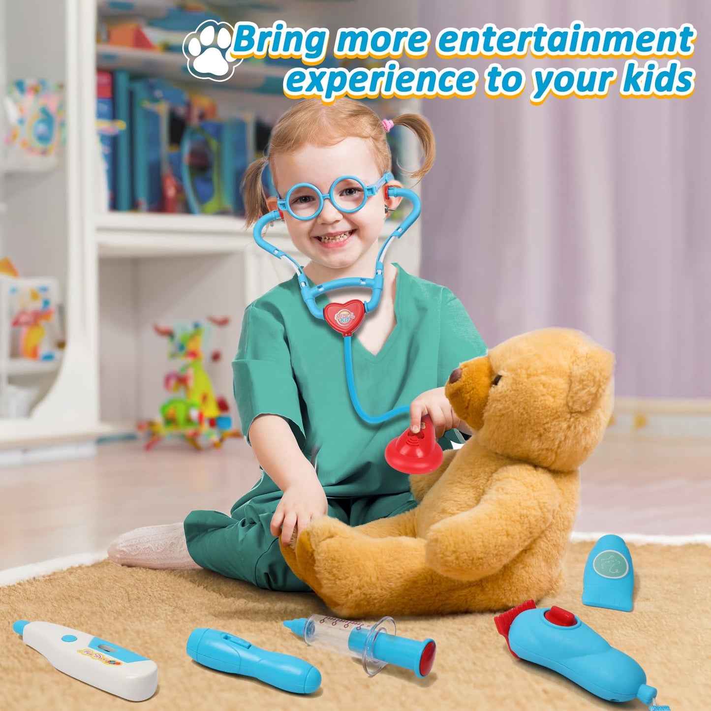 Liberry Doctor Kit for Toddlers 3 4 5 6 Years Old, 28 Pcs Kids Doctor Playset with Dog Toy, Stethoscope and Dress Up Costume, Pretend Play Medical Christmas Gift for Boys Girls (Blue)