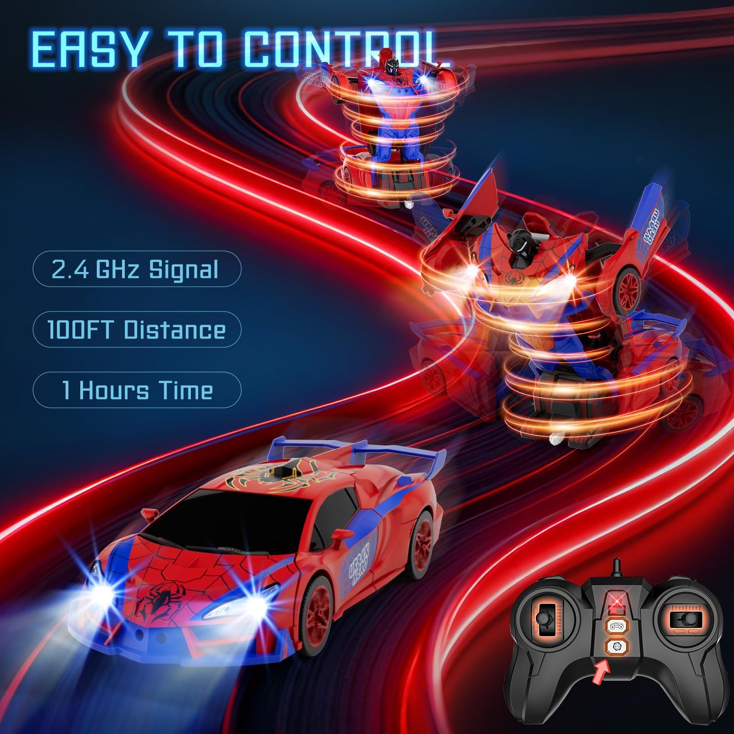 Qumcou Spider Toys for Boys 4-6, Remote Control Car, One-Button Transform Superhero Toys, 2.4Ghz RC Cars, 360° Spin,1:16 Scale, Shinning Red and Blue Light, Birthday Gifts for Boys, Boy Toys Age 6-8