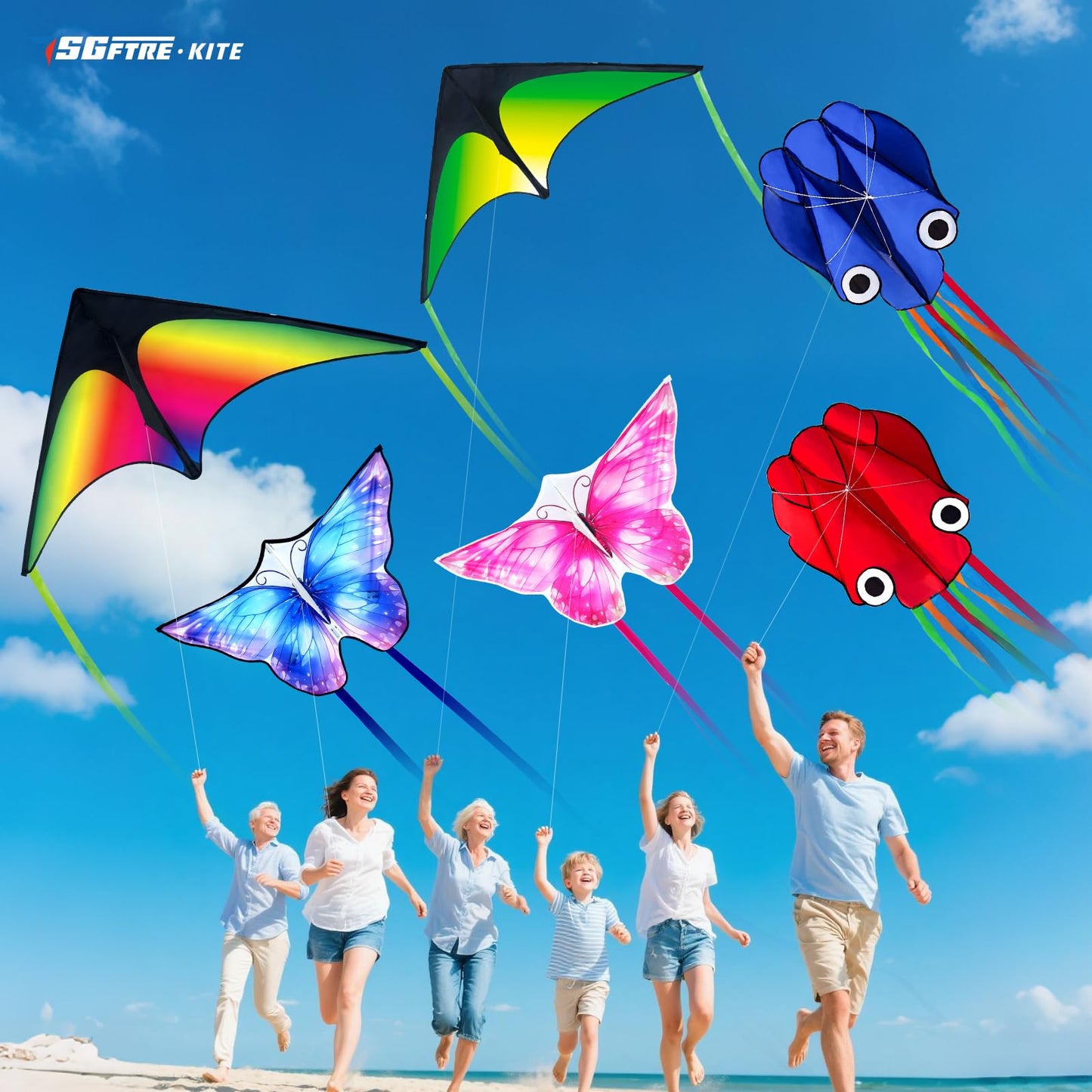 SGftre 3 Piece Set Butterfly Delta Octopus Kites for Kids and Adults，Easy to Fly for Outdoor Adults Children Line Kite for Kids Toy (Delta 2+Octopus 2+Butterfly 2, 6)