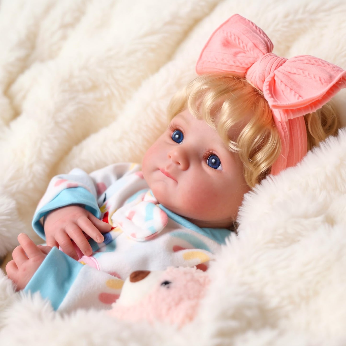 BABESIDE Reborn Baby Dolls with Moving Eyes,17 Inch Realistic Baby Doll Girl with Blond Curly Hair, Real Life Baby Doll with Accessories, Gift for Kids 3+ Pretend Play, Collection