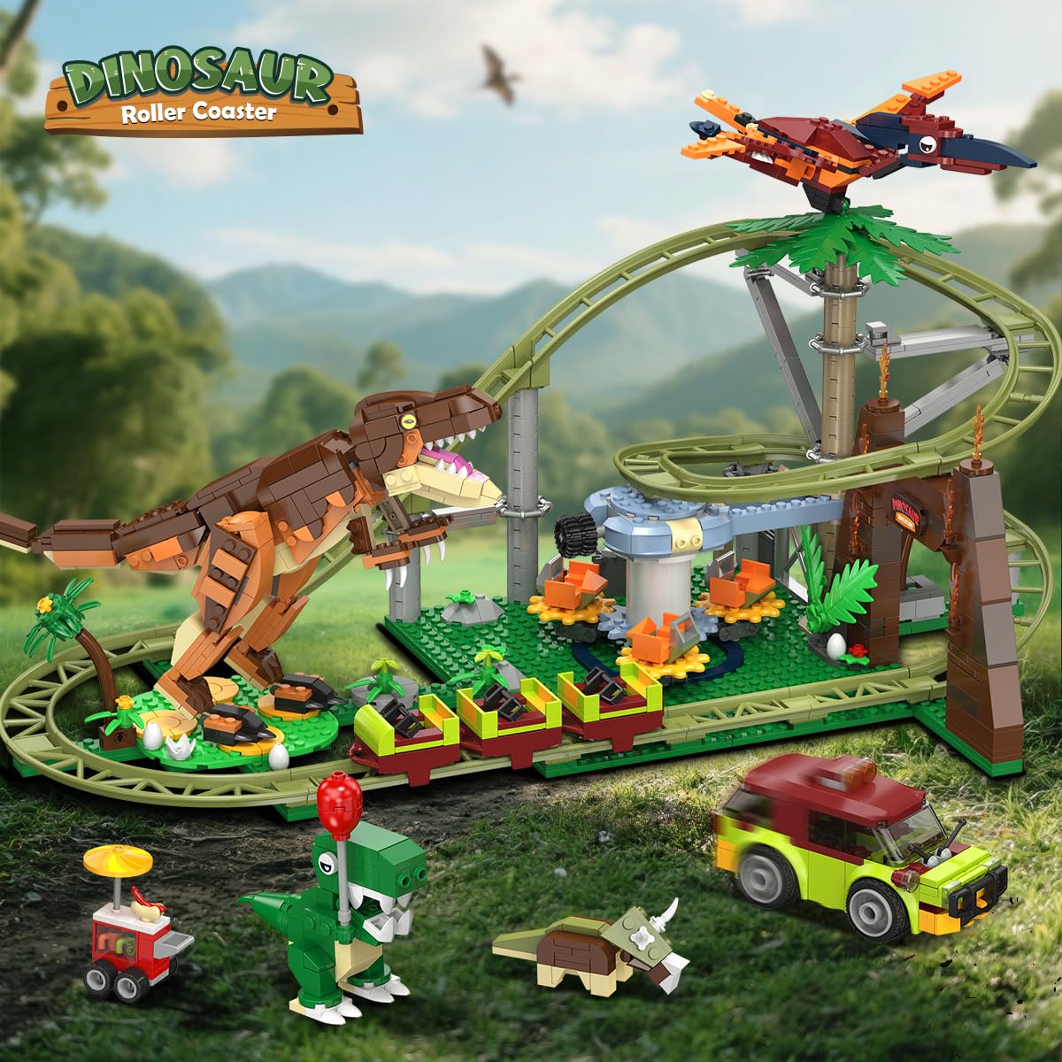 HOGOKIDS Dinosaur Roller Coaster Building Set - 1222 PCS Roller Coaster Building Toy with 4 Dinosaur, Off-Road Vehicle, Food Cart, Dinosaur Models Playset, Gifts for Adults Girls Boys Ages 8-12 Years