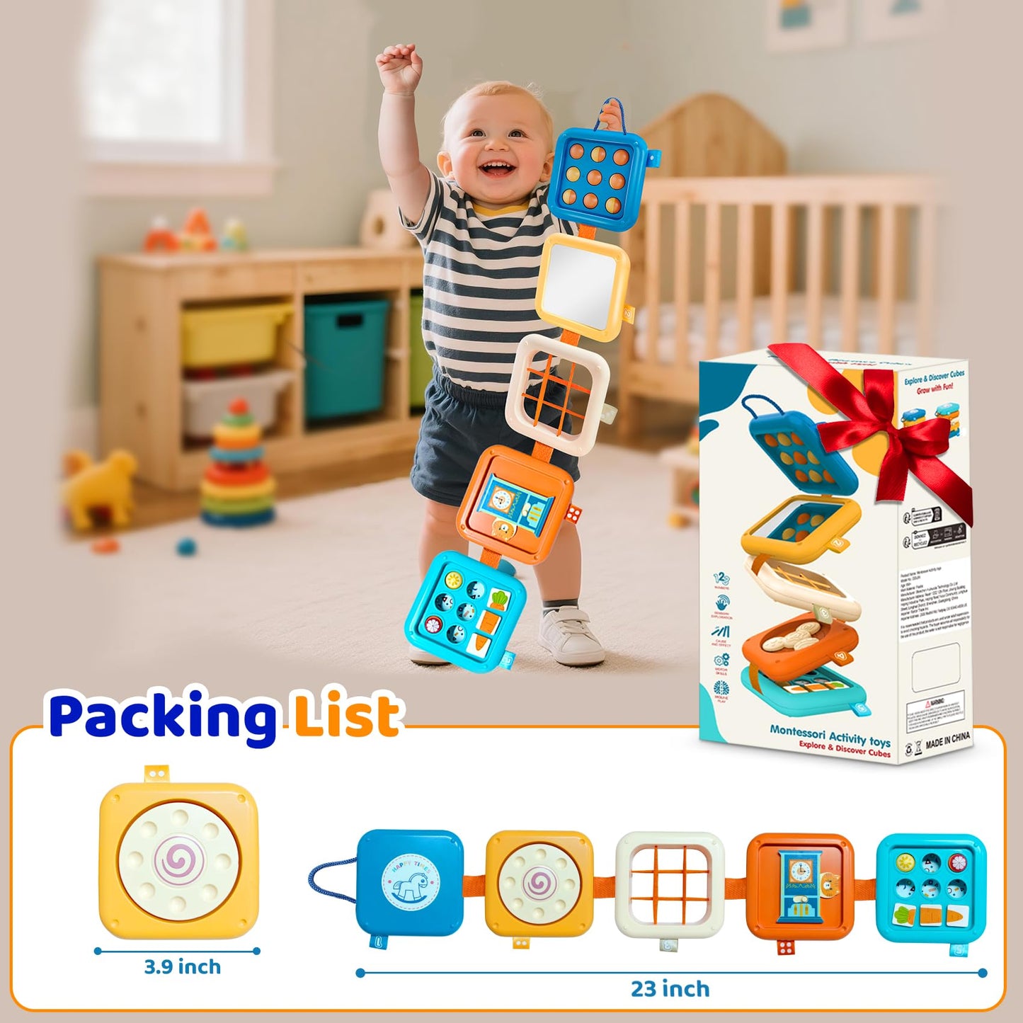 Montessori Busy Board for 1 Year Old, Airplane Toys for Babies 6-12 Months, Sensory Fine Motor Skills Activity Cube, Baby Travel Car Seat Toys for Toddler 1-3