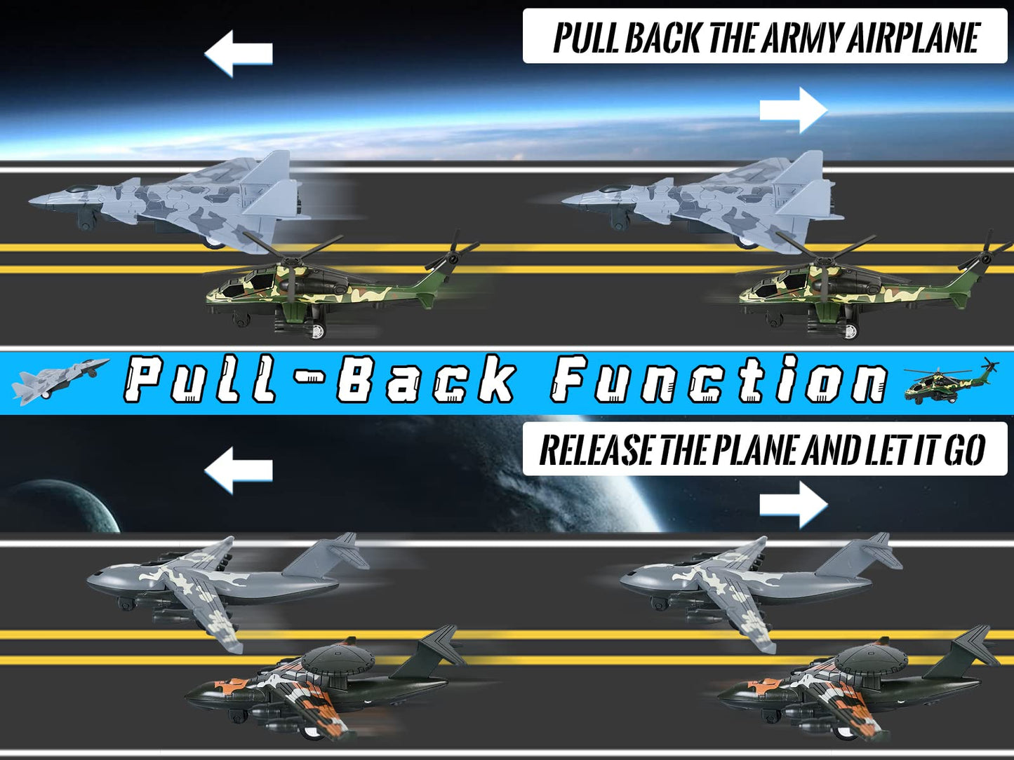 Crelloci 4PCS Army Airplane Toys Set-Diecast Aircraft Plane Model Kit Military Fighter Jet Playset Helicopter Camouflage Pull Back Aircraft Kids Play Vehicle for 3+Year Old Boys Girls