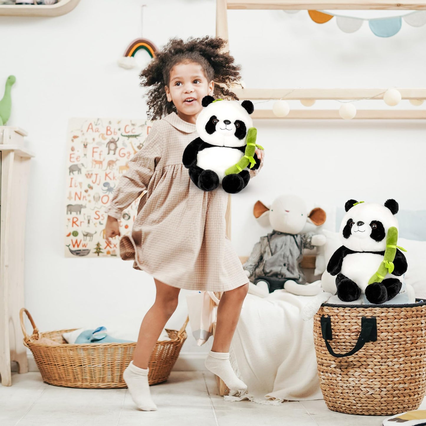 Wanwu World Panda Stuffed Animal 9'' Soft Bear Plush Toys with Bamboo Stuffed Panda Plushies Cute Doll Gifts Black and White (9inch