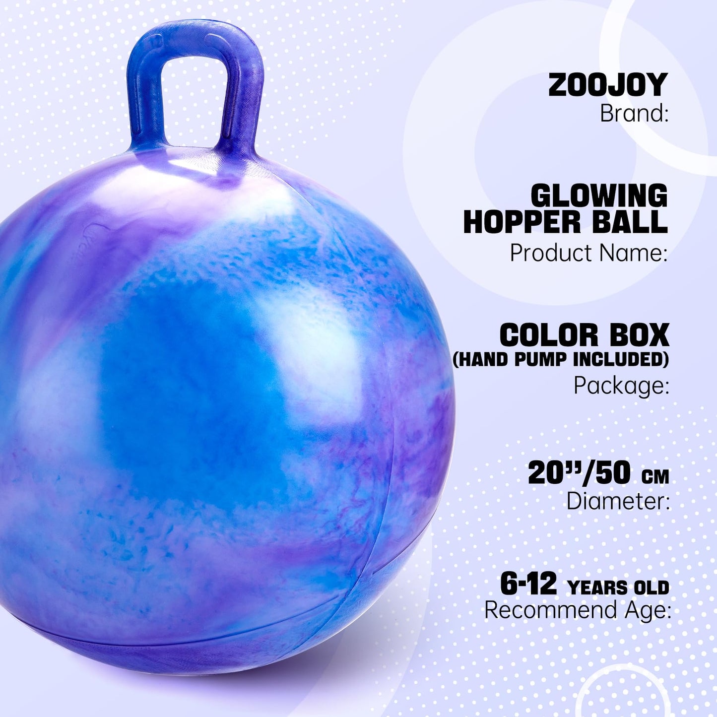 ZOOJOY Glow-in-The-Dark Light Up Hopper Ball for Kids, 20 Inch Bouncy Ball with Handle, Inflatable Night Glow Jumping Toy for Boys and Girls Aged 6-12, Indoor & Outdoor Play, Includes Pump