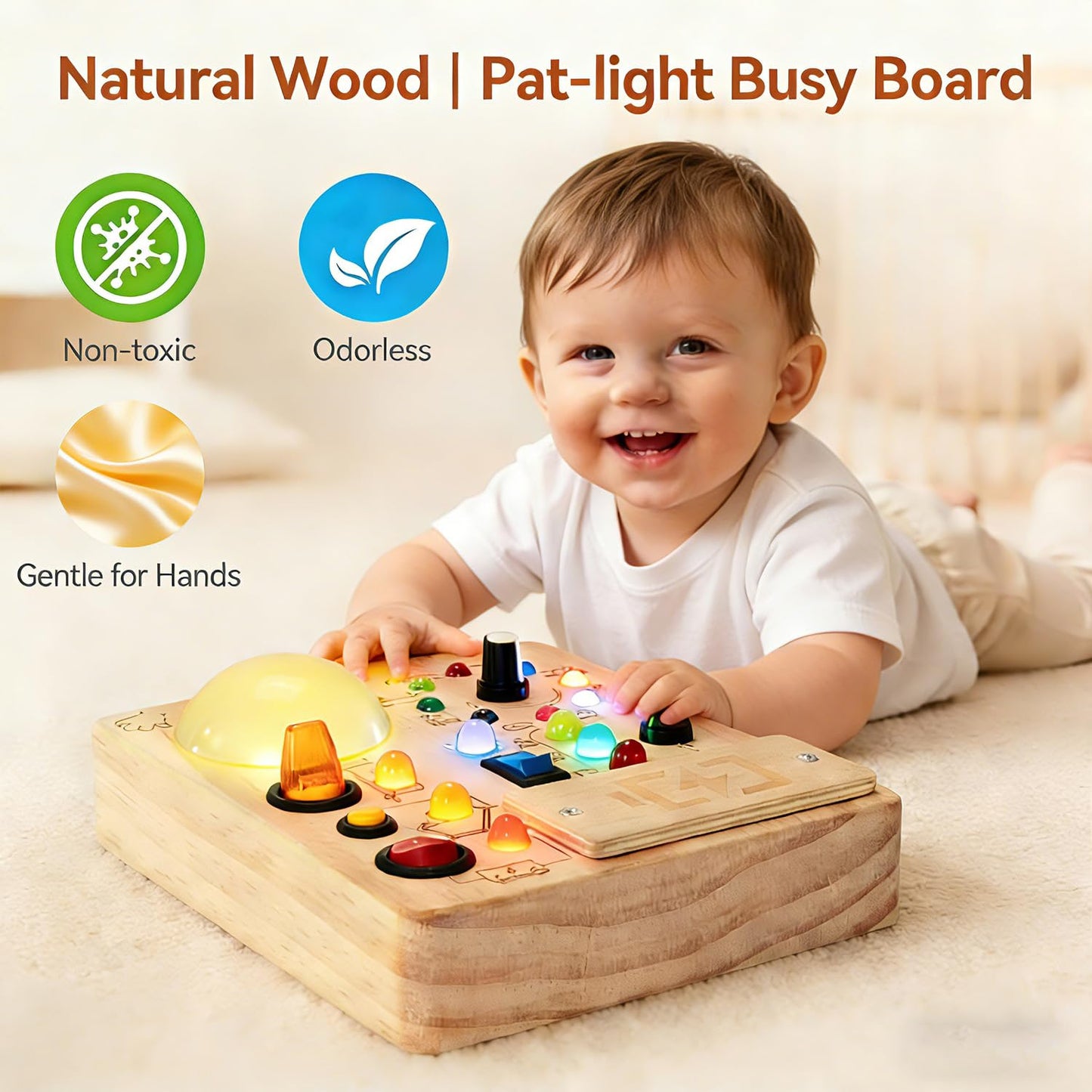Toddler Busy Board ,Montessori Toy with Tap Light ,6.9"x5.9" Wooden Busy Board with LED Traffic Light for Kids , Travel Sensory Toys for 1+ Year Old baby Christmas/Birthday Gift(Battery Not Included)