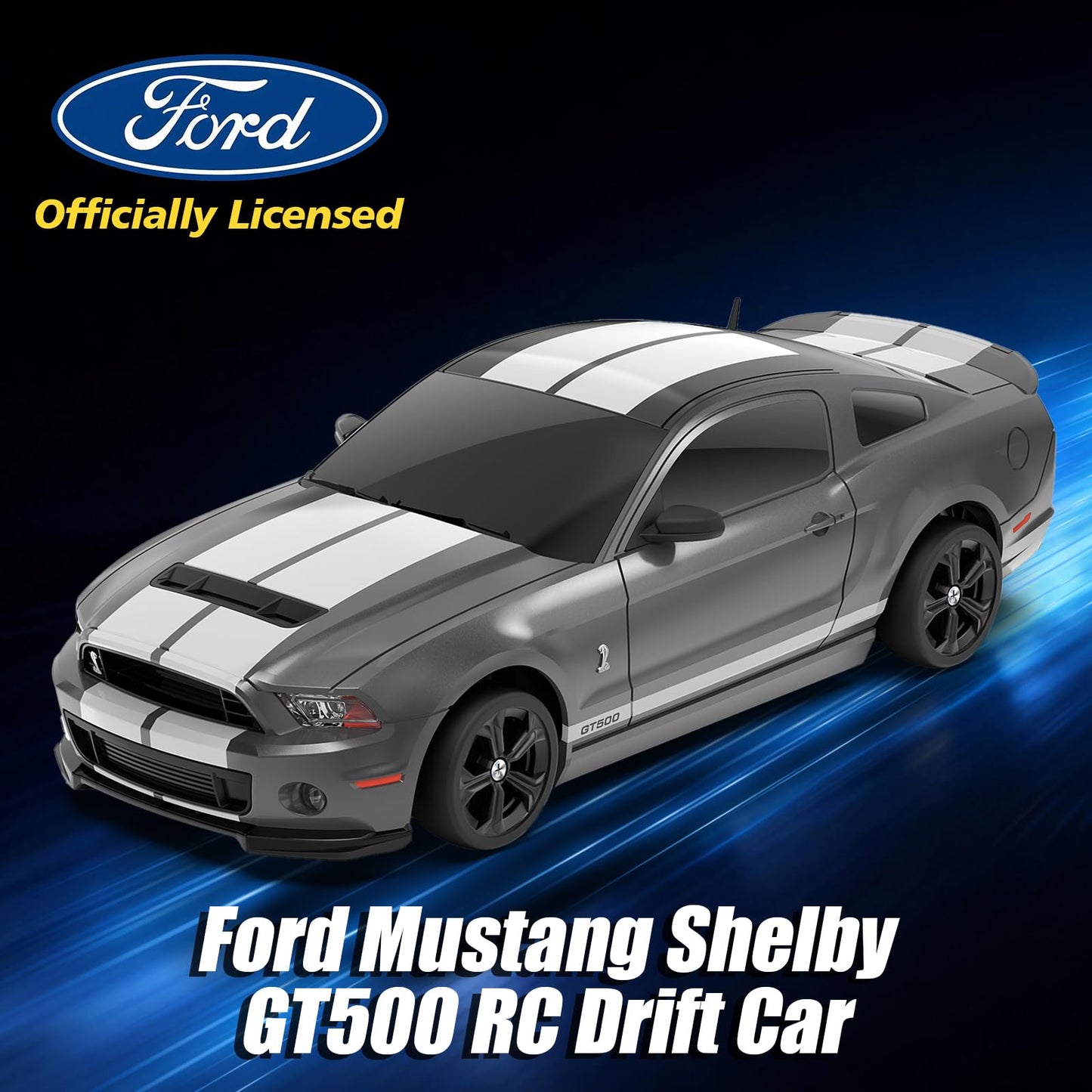 YONCHER RC Drift Car, Remote Control Car for Kids Ford Mustang Shelby GT500 Officially Licensed, 1:24 20KM/H 4WD with Lights, Fast Racing Toy Car for Boys Girls, Gray