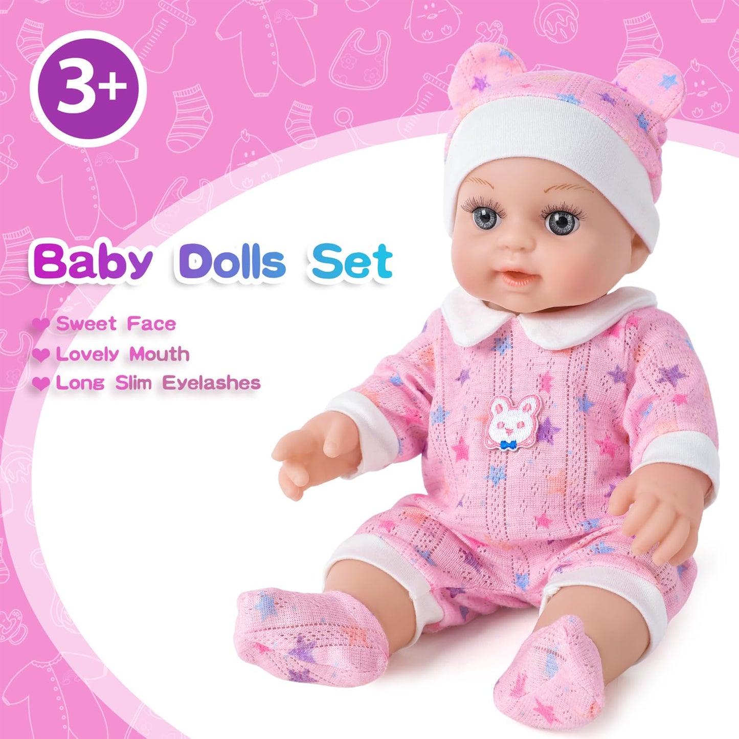 BDDOLL 12" Baby Doll in Gift Box with Pink Backpack, Cloths, Feeding Bottle and Pacifier, First Baby Dolls for Toddlers 3 Years and Up