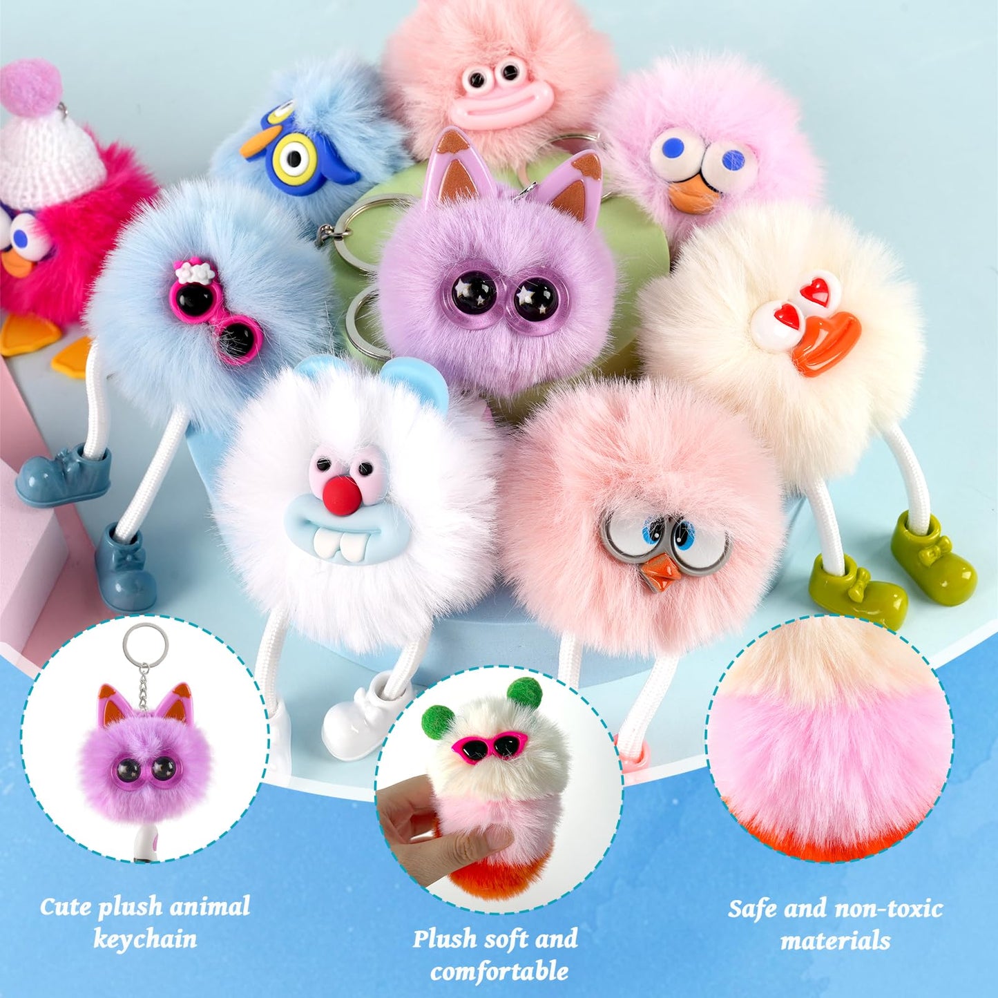 Plush Keychains Bulk for Kids, 24Pcs Cute Fuzzy Pom Pom Ball Keychain Toys with Legs Party Favor for Boys Girls Kids Classroom Gifts Prizes Valentines Christmas Gift Goodie Bag Filler Backpack Charms