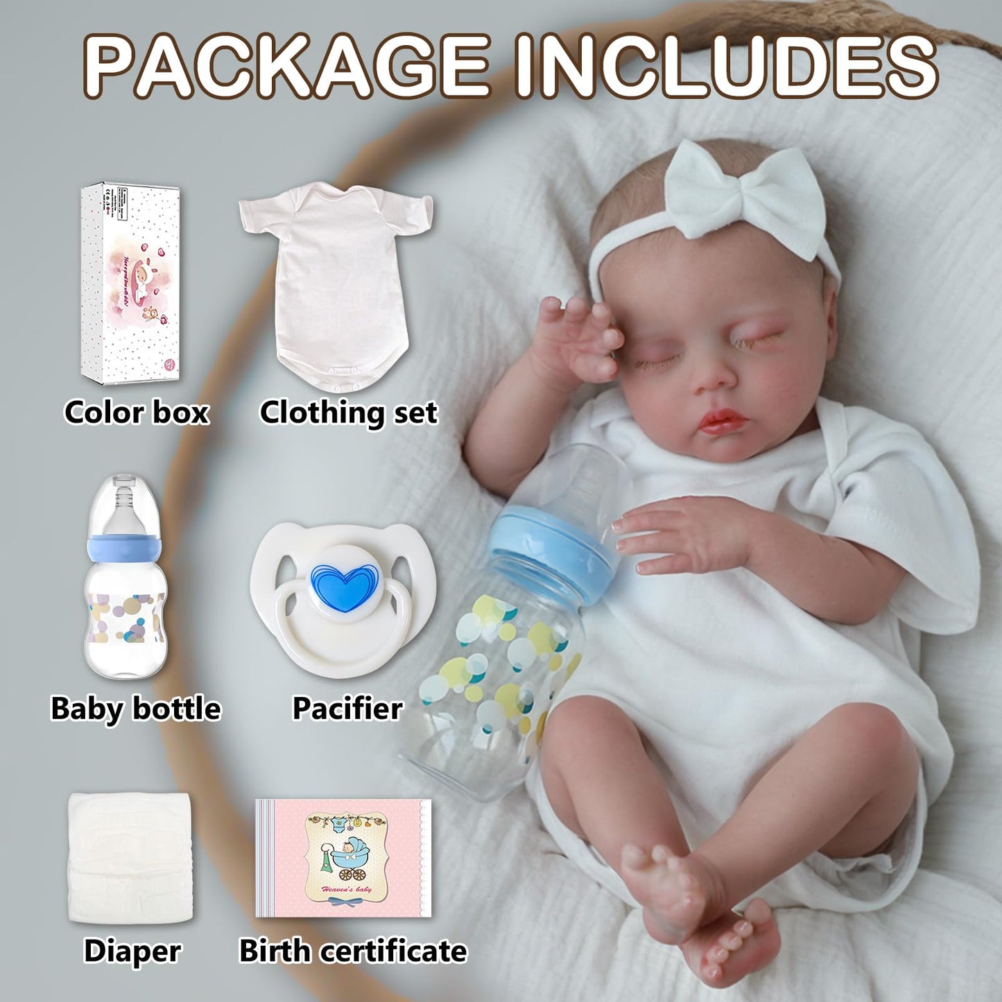 SCOM 18" Sleeping Reborn Baby Doll Girl – Realistic Newborn Sleeping Baby, Soft Weighted Cloth Body & Vinyl Limbs, with Cute Feeding Accessories Toy, Lifelike Toy for Kids Age 3-8