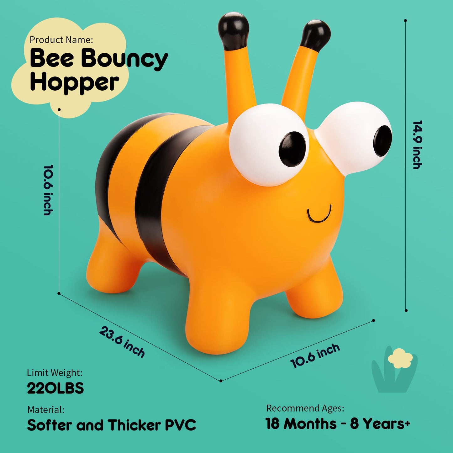 ZOOJOY Bee Bouncy Animals Hopper, Inflatable Bouncing Hopper, Outdoor Indoor Jumping Bounce Hopping Toys for Toddlers, for 18 Months 2 3 4 Year Old Kid Toddler