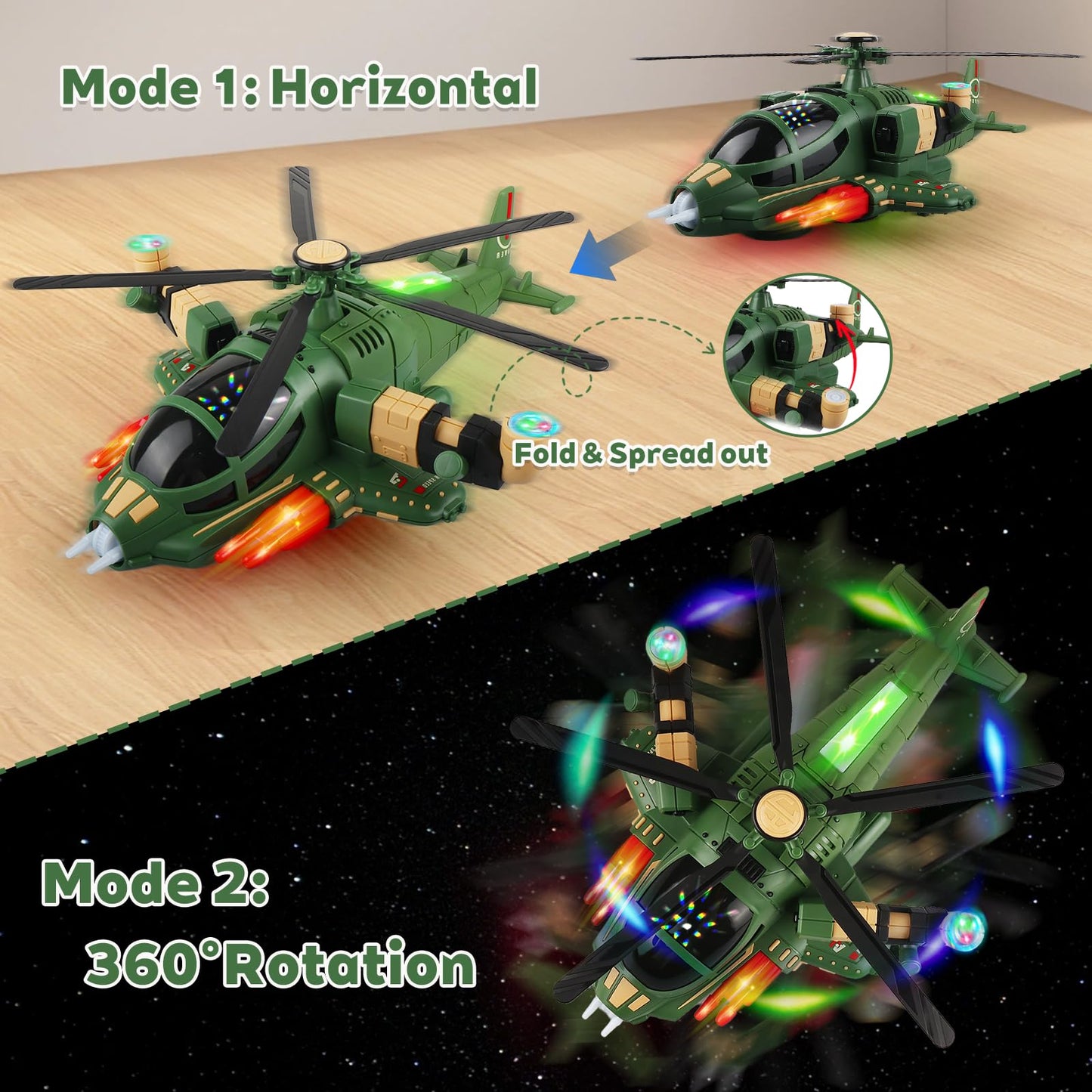 victob Helicopter Toy for Toddlers with Lights and Music, 360° Rotating Airplane Toy for Kids, Bump-and-Go Action, Birthday Gift for Boys Girls Ages 3-7 (Green)