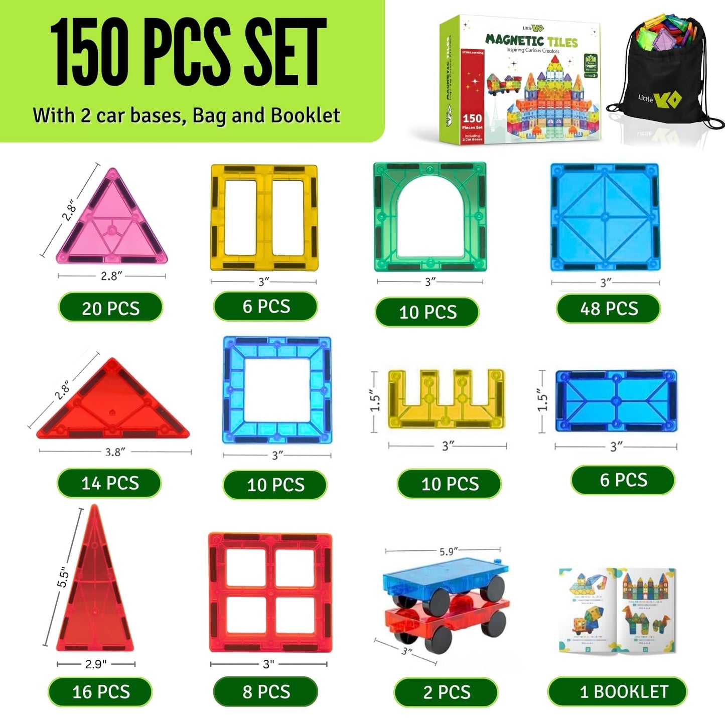 Little Vo Magnetic Tiles 150 PCS with 2 Cars Bases, STEM Magnet Building Tiles for Kids Ages 3-12, Educational Building Magnets Toys, Creative Construction, Preschool Learning & Play for Childs