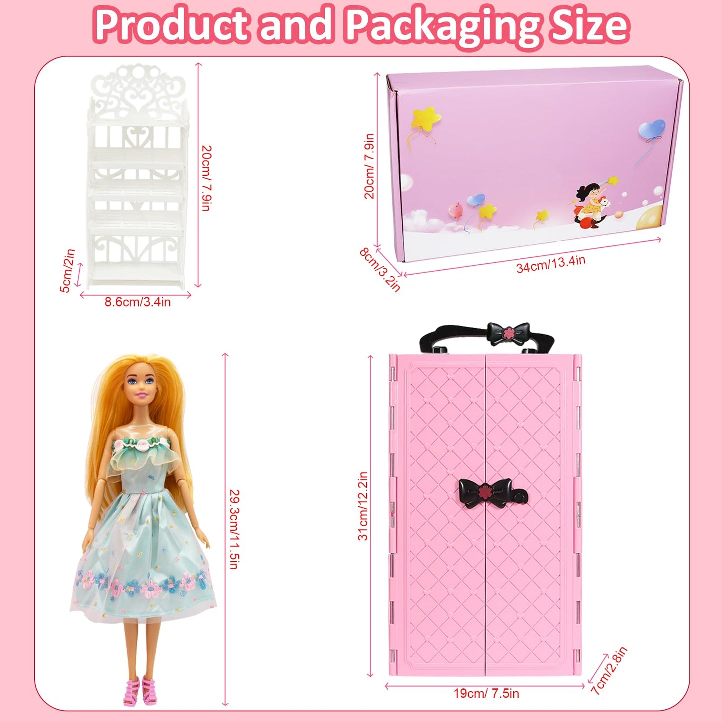 122 Pcs Doll Closet Playset with 11.5 Inch Dolls, Clothes and Accessories, Include Wardrobe Princess Dresses Shoes Bags Hangers Other Accessories, Dress Up Toys for Girls, Kids, Toddlers (Pink)