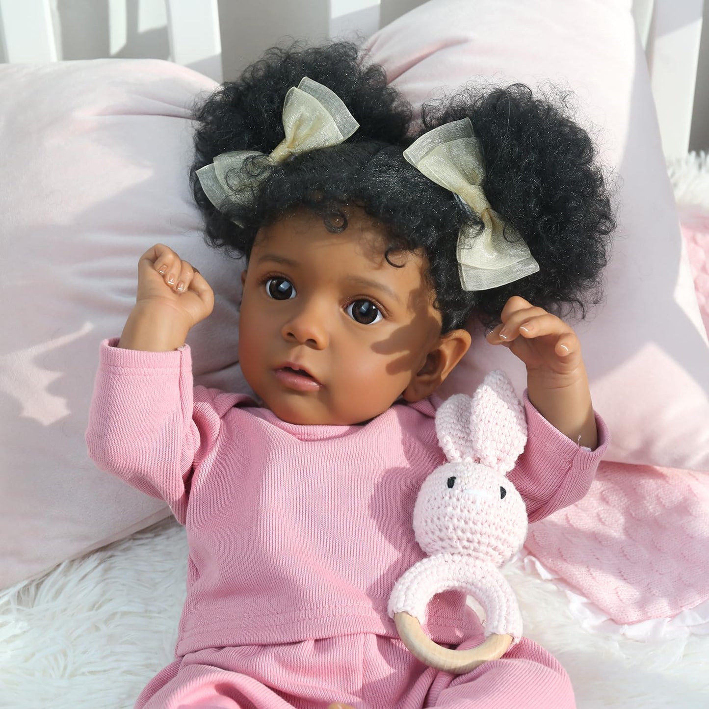 WOOROY Reborn Baby Dolls Girl Black African American - 20 Inch Realistic Newborn Baby Doll in Pink Outfit, Soft Cloth Body with Full Accessories, Gift for Kids Aged 3+