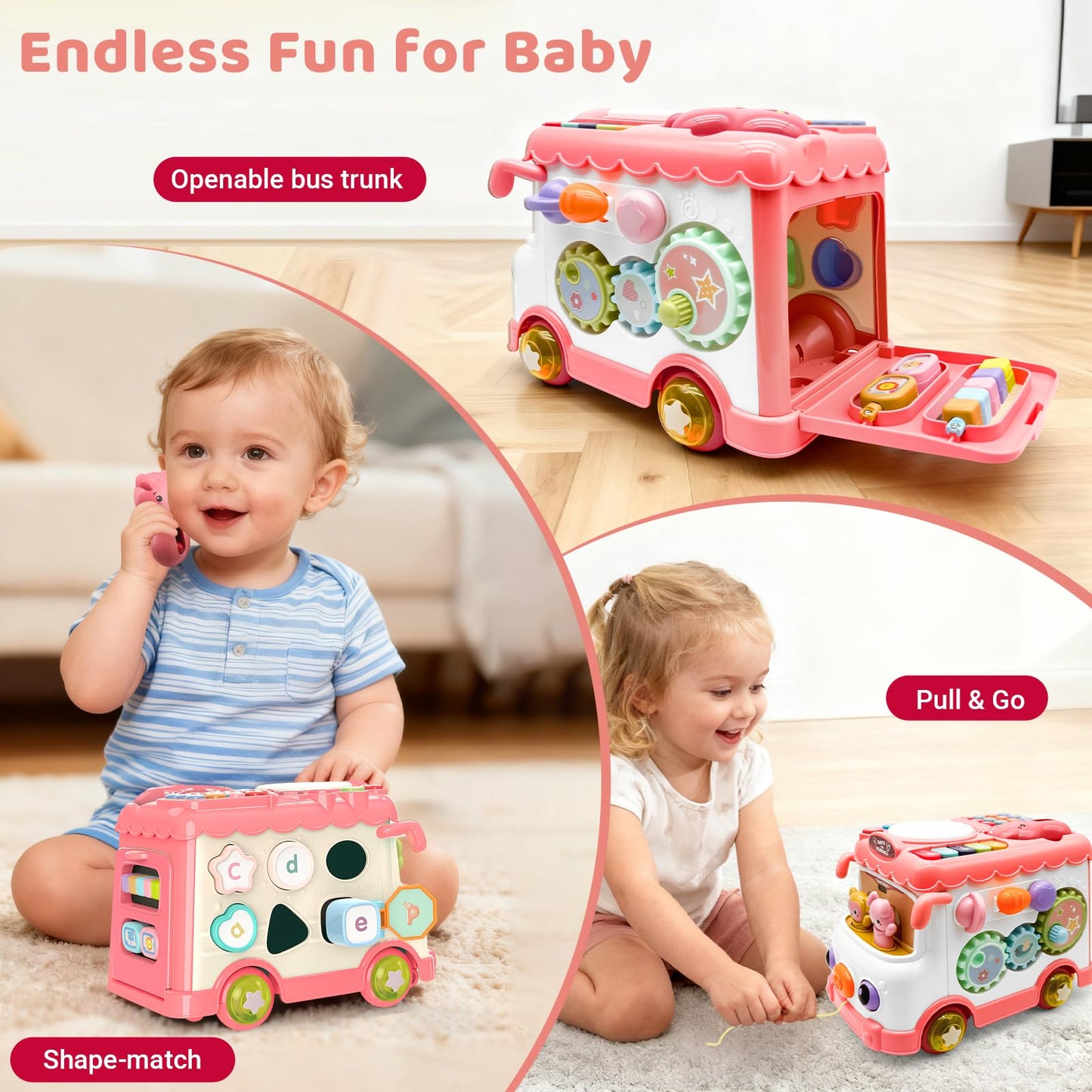 DELUTIQUE Baby Bus Toy for 1 Year Old Girl Gifts, Montessori Musical Bus Toy for Baby 12-18 Months, Baby Piano Drums for Toddlers 1-3, Shape Sort Toys 1st Birthday Gifts for Girls