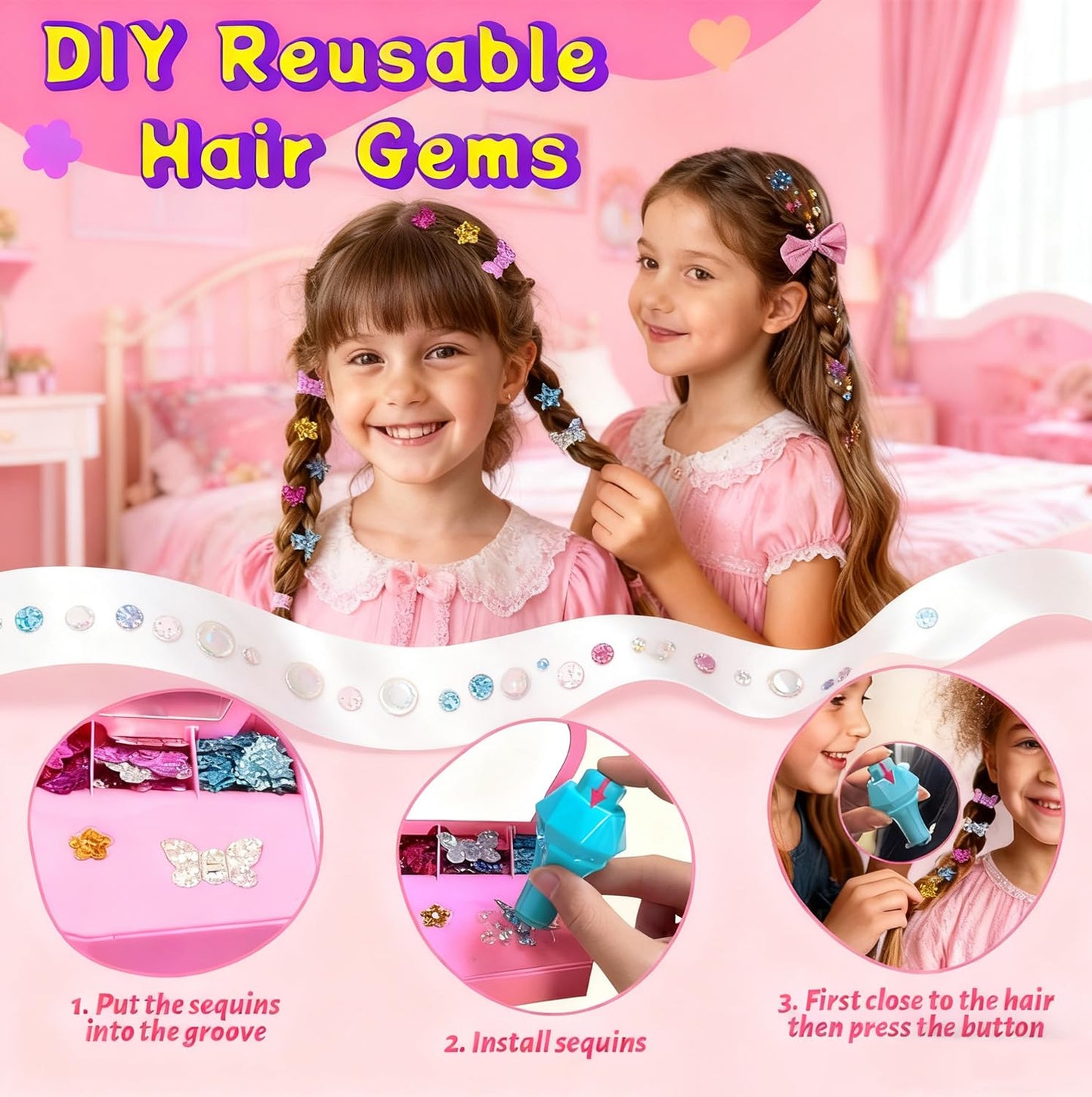 WDFXLWT Hair Gem Stamper Kit – Sparkling Jewels Hair DIY Art for Girls, Glitter Diamond Styling Tools Hair with 330+ Reusable Sequins, Fun Craft & Party Gift for Ages 3-12