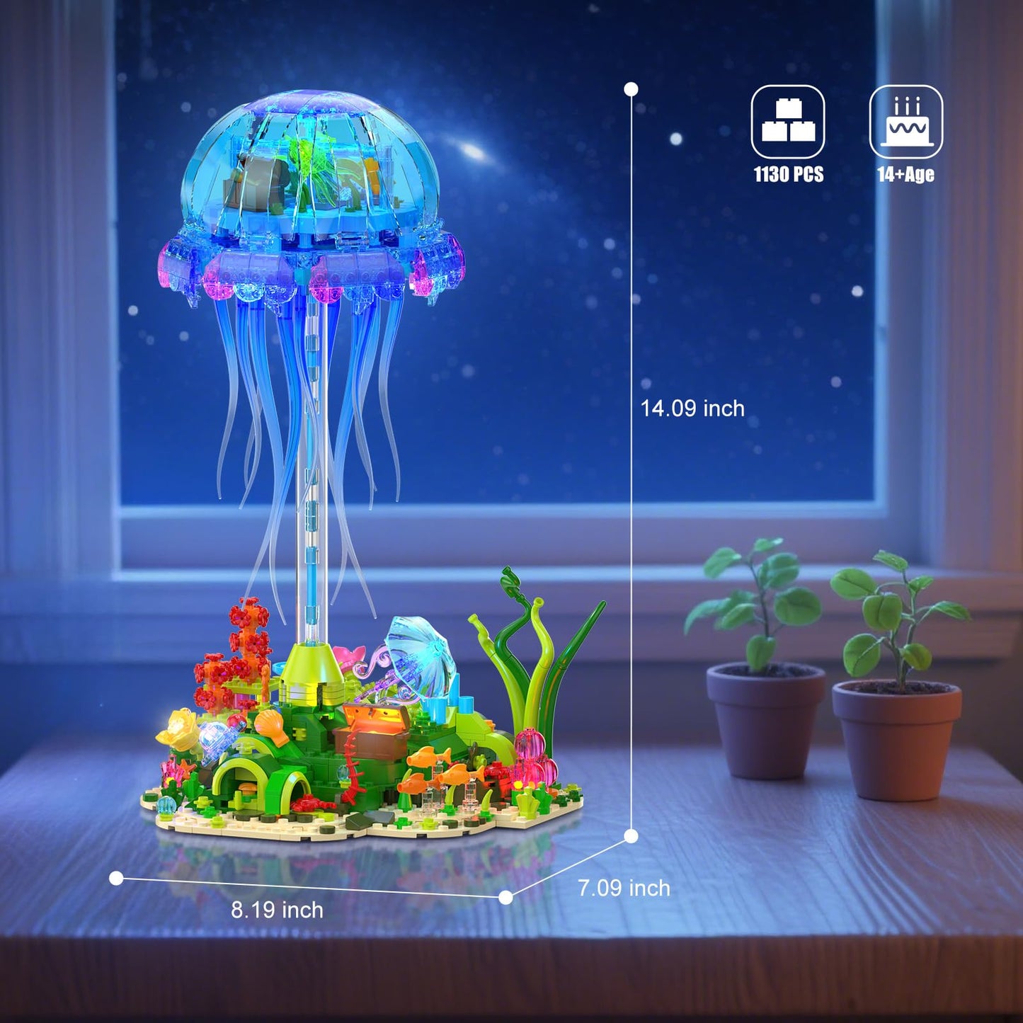 Brihappen Jellyfish Building Set with LED Lights, Floating Jellyfish Lamp for Home Decor, Ocean Animal Collection Model with Coral & Seaweed, Creative Display Gift for Adults, Teens 14+