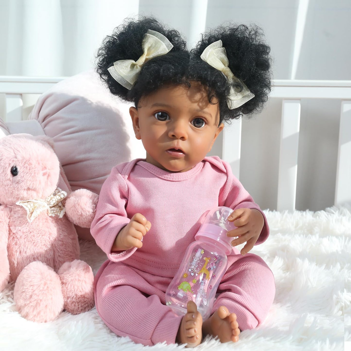 WOOROY Reborn Baby Dolls Girl Black African American - 20 Inch Realistic Newborn Baby Doll in Pink Outfit, Soft Cloth Body with Full Accessories, Gift for Kids Aged 3+