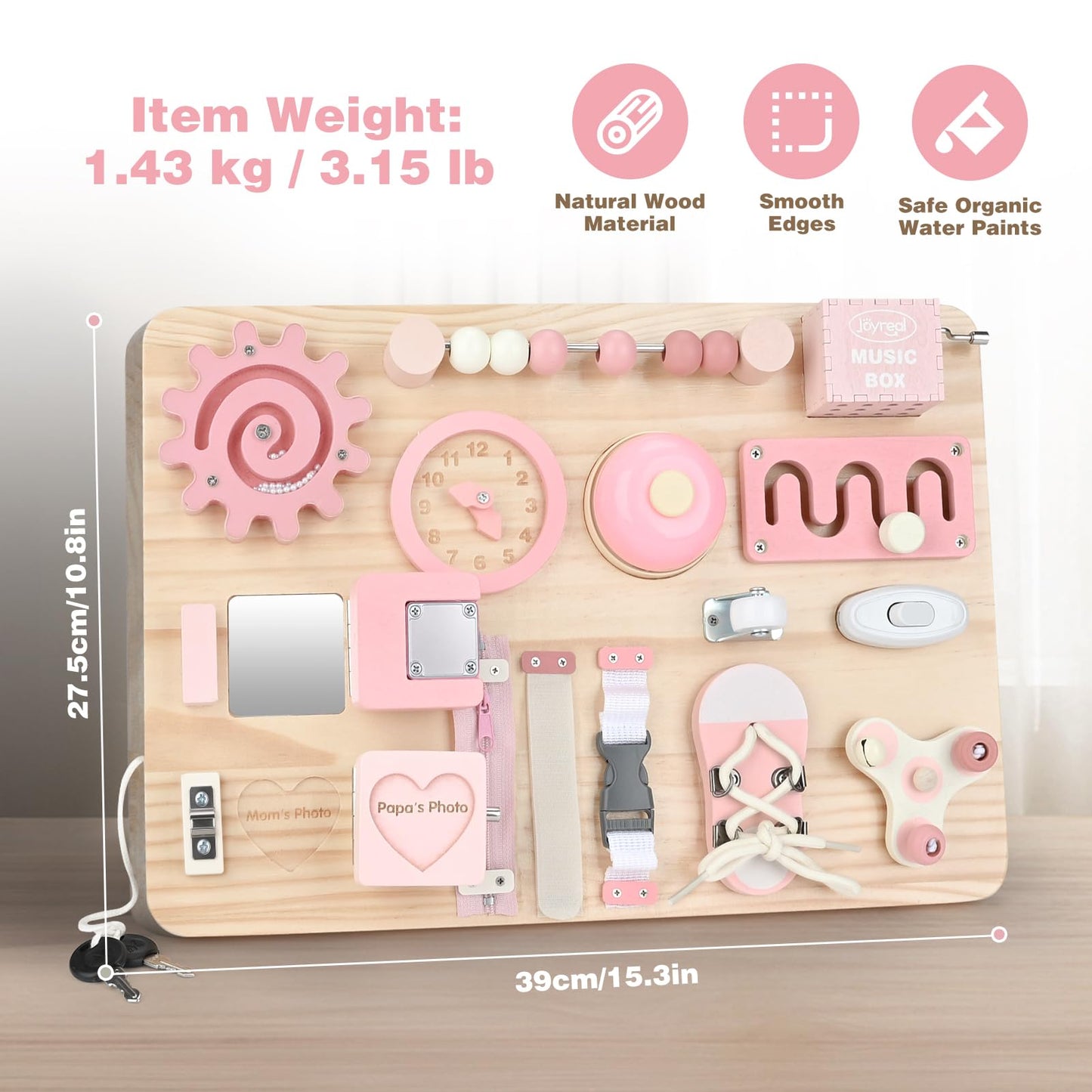 Joyreal Large Wooden Busy Board for Toddlers with Foldable Stand, 15-in-1 Montessori Sensory Toys Activity Learning Board with Music Box, Educational Gift for 1 2 3 Year Old Boys Girls