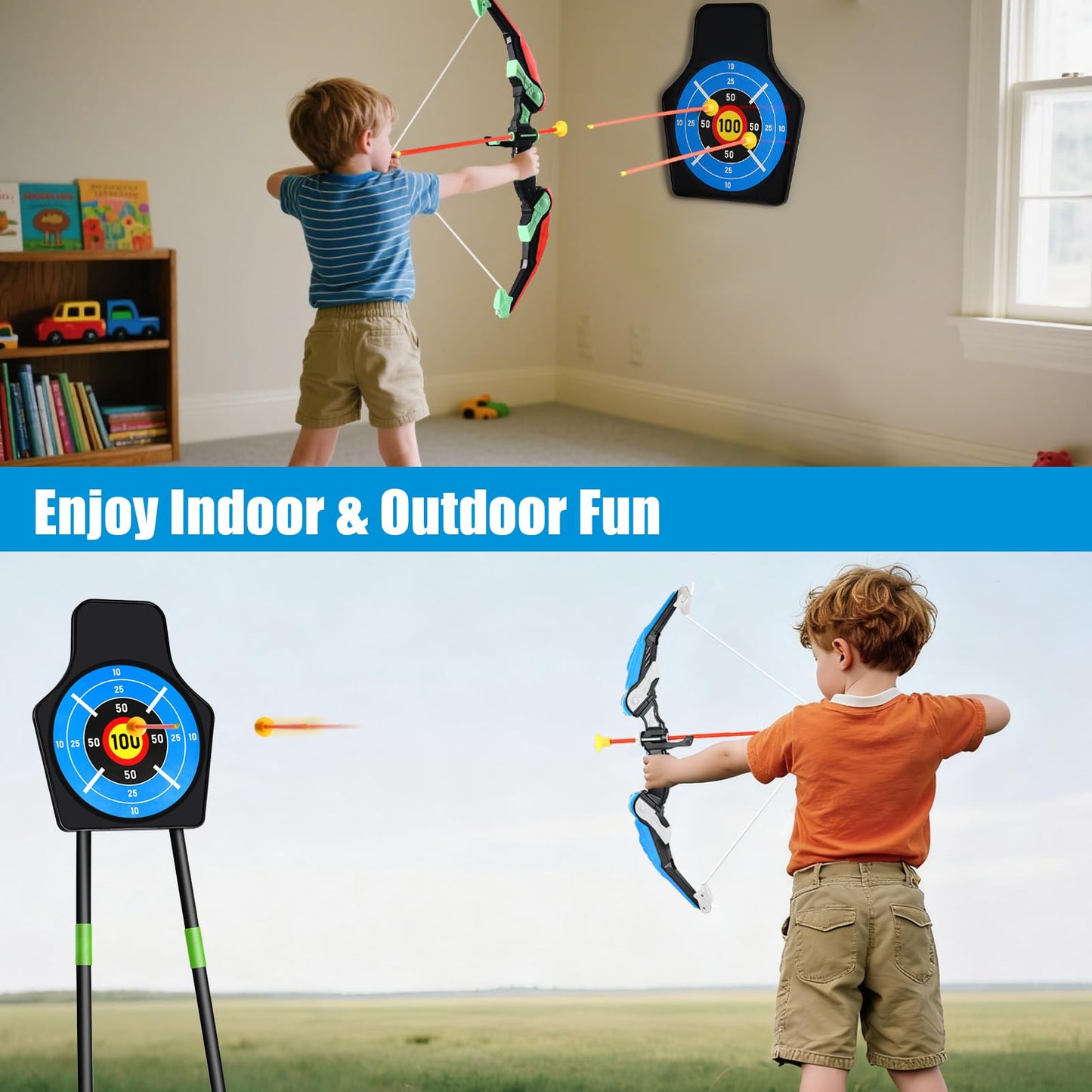 Bow and Arrow for Kids : LED Light Up Archery Set with 24 Suction Cup Arrows, 1 Standing Target, 6 Score Targets & 2 Quiver | Indoor Outdoor Sport Gifts for Boys Girls Ages 4 5 6 7 8 9 10 | 2 Pack