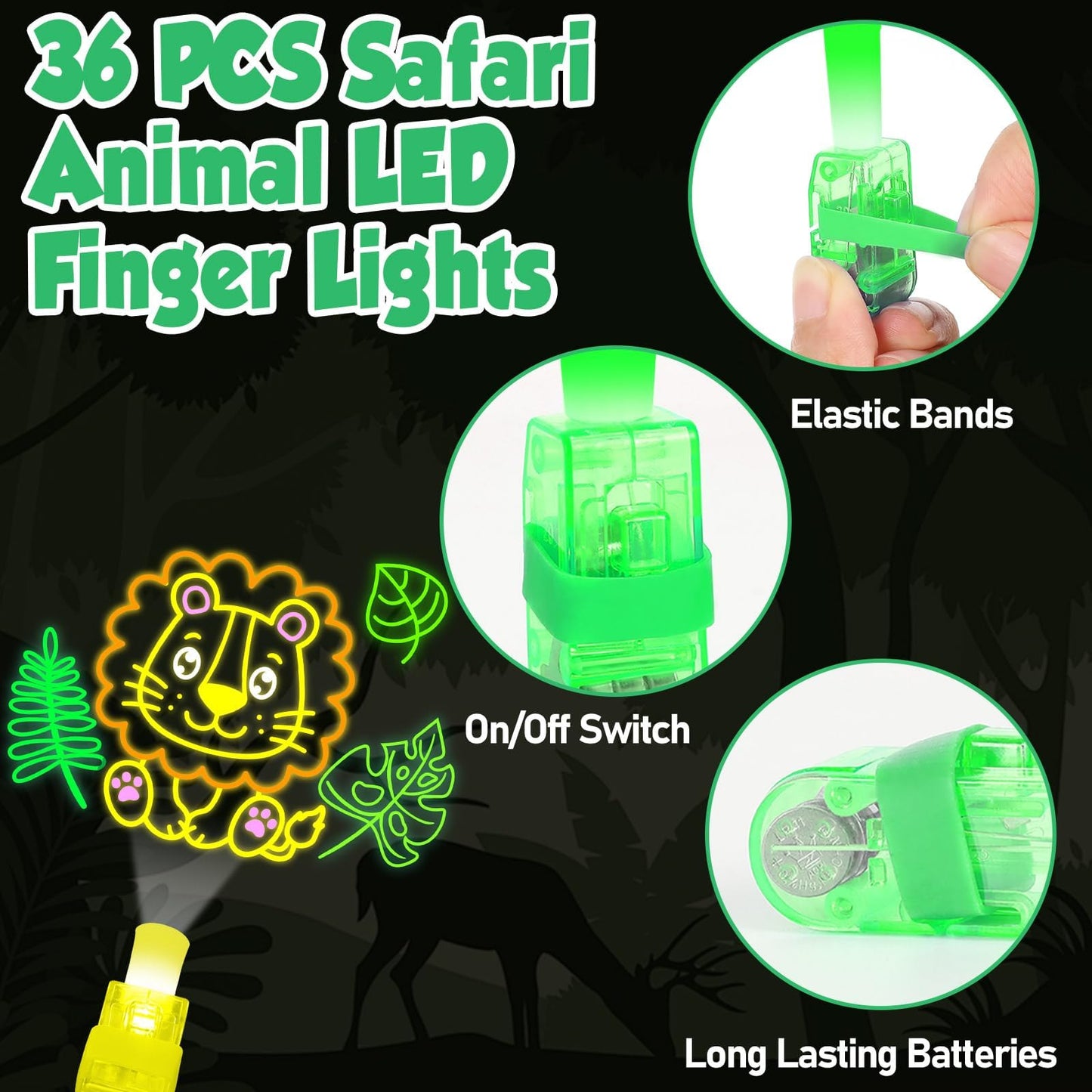 Oitnlaughter 36Pcs Safari Animal LED Finger Lights for Kids Jungle Animal Party Favors Glow in the Dark Light Up Finger Light Bulk for Birthday Party Goodie Bag Stuffer Birthday Gifts Prize