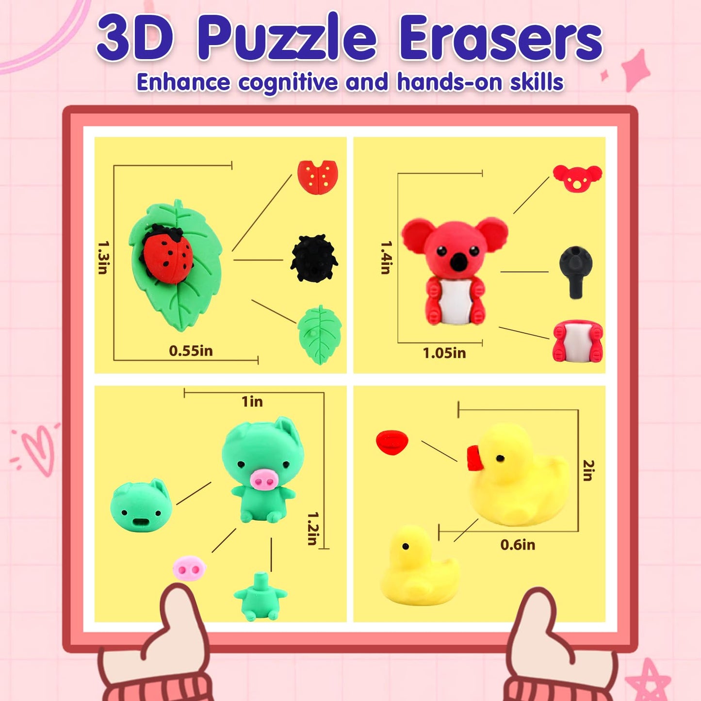 URSKYTOUS 34Pcs Animal Erasers Bulk Cute Desk Pets Kids Puzzle Erasers Take Apart Cool 3D Eraser Mini Pencil Eraser Fun Party Favors for School Supplies Classroom Rewards Easter Egg Fillers Gifts
