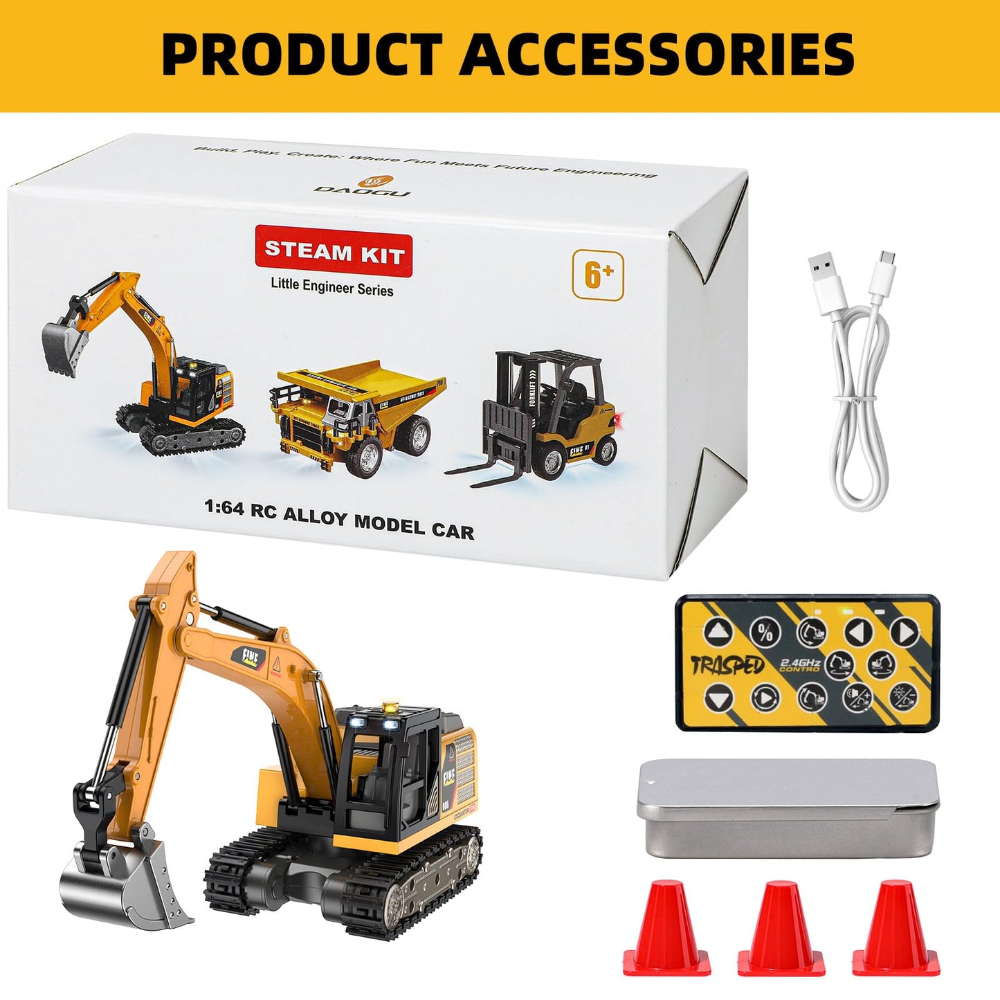 DAOGU Remote Control Excavator Toy,1:64 mini RC Construction Vehicle Toys, STEM Tools for Learning Programming for Boys 3 4 5 6 7 8-12 Year Old Kids Christmas Birthday Gift (mini Excavator)