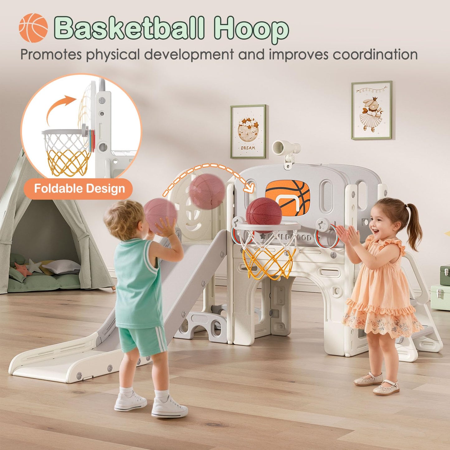 BIERUM 9 in 1 Toddler Slide Set - Baby Slide for Toddlers 1-3 with Ring Toss and Basketball Hoop, Indoor Outdoor Toddler Playset Playground Beige Gray