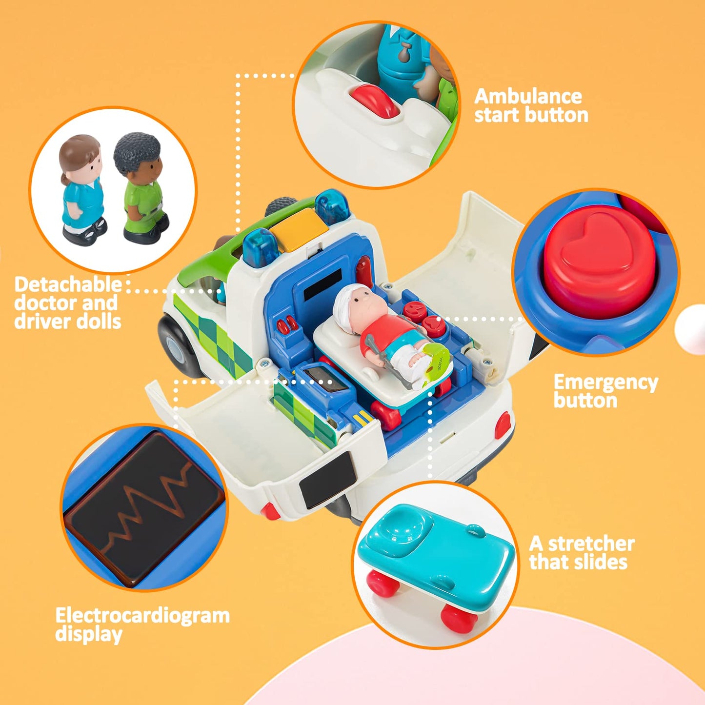 Auspint Ambulance Toy Powered Vehicle with Lights and Sounds, Rescue Role Play Set, Ambulance Set, Play and Learn Toddler Toys for 1 2 3 Year Old Boys Children Toy Truck Party Birthday Gift