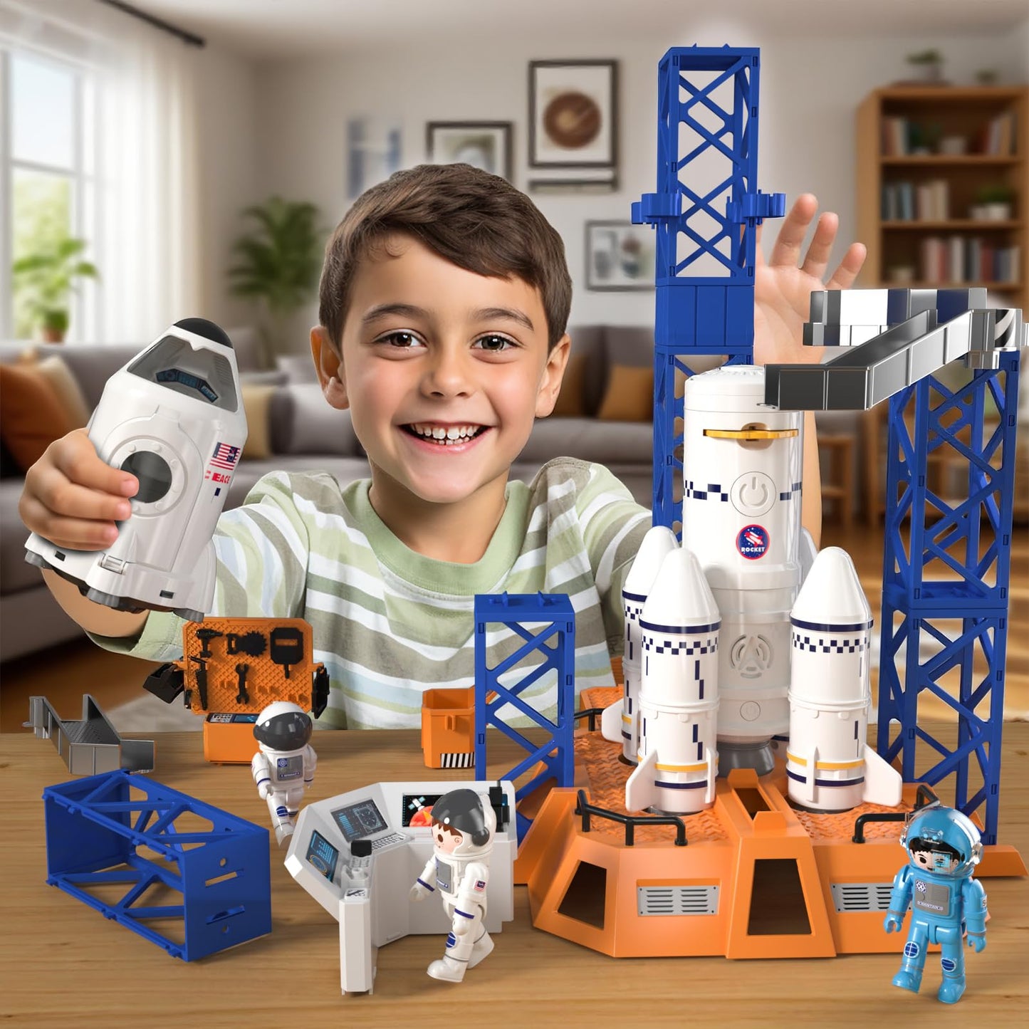 BLmukce Space Rocket Toys for Kids 3 4 5 6 7 8 Year Old Boys, Kids Spaceship and Rocket with Astronauts Figures and Rocket Launcher for Indoor Outdoor, Birthday Toy for Boys Girls Age 3-5