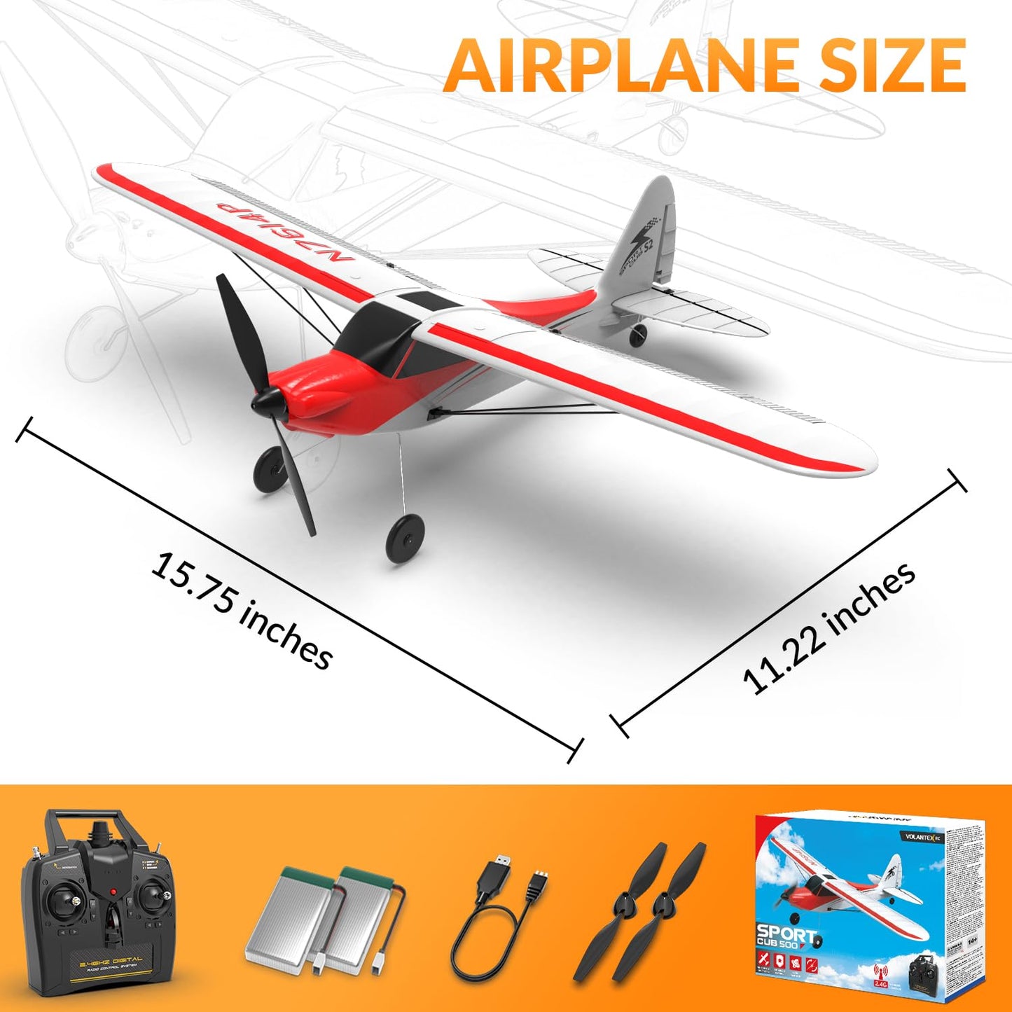 VOLANTEXRC RC Plane Trainer Sport Cub 4CH Remote Control Airplane with Prop Saver, 6-Axis Gyro Stabilizer & 3 Modes to Fly, Radio Controlled Aircraft RTF for Beginners & Adults (500mm,Red)