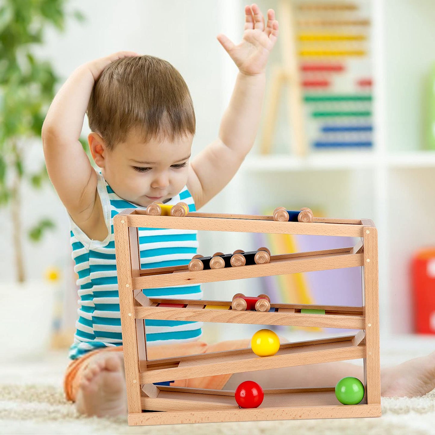 Qilay Wooden Race Track Car Ramp Racer Toy for Toddlers, 5 Level Race Car Ramp Toy Set Includes 4 Wood Cars and 3 Balls,Great Building Learning Toys or 3+ Years Old Boy and Girl