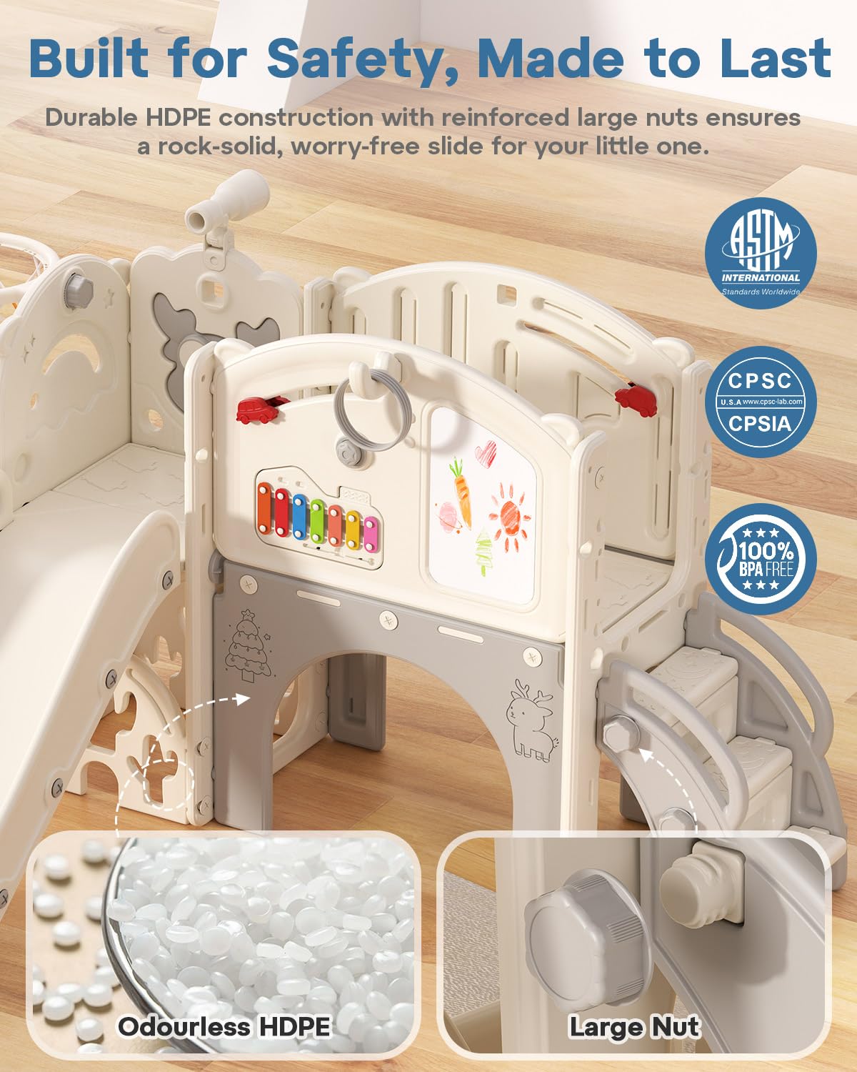 BIERUM Toddler Slide Set, 13 in 1 Kids Indoor Slide for Toddler 1-3, Indoor Outdoor Toddler Slide Playset with Basketball Hoop, Golf Game & Drawing Board, Baby Indoor Slide Playground, Cream&Gray