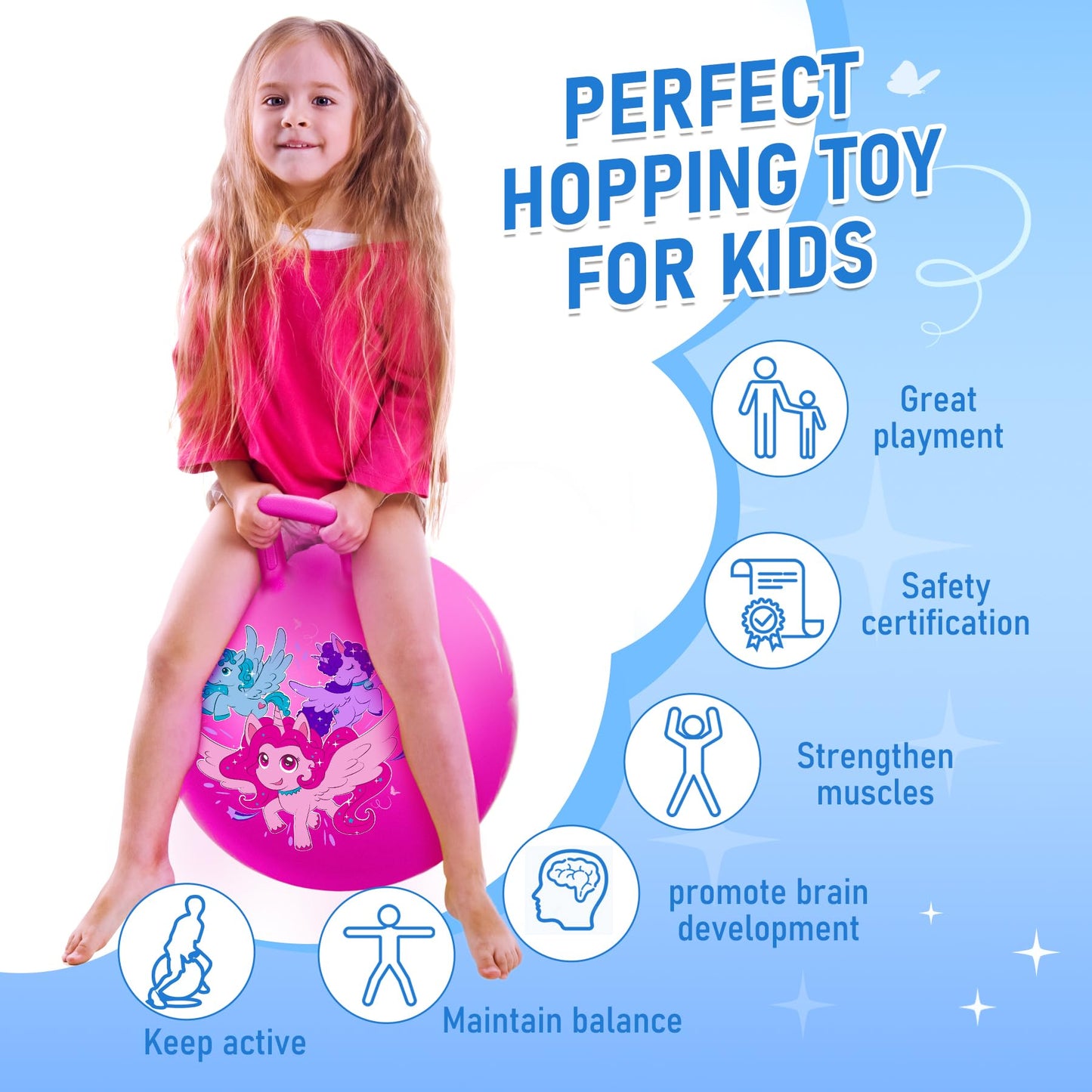U&C Planet Hopper Ball, 18 inches Bouncy Ball with Handle for Kids Age 3-6, Hoppity Hop Sit and Bounce Jumping Hopping Toys with Pump & Gift Box, Great Gift for Boys Girls, Pink Unicorn