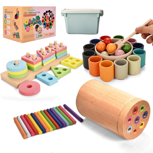 Montessori Toys for 1-3 Year,3 in 1 Wooden Learning Fine Motor Skills Toys Rainbow Color Sorting Toy for Toddlers - Preschool Color Matching, Educational Color Recognition ShapeSorter Boys Girls Gifts